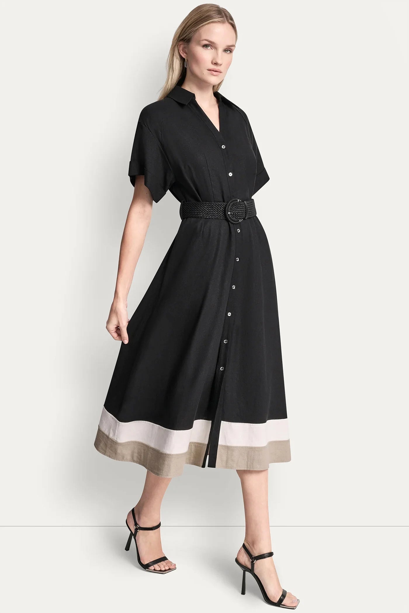 Black/Ivory/Khaki COLOR-BLOCK FIT & FLARE MIDI SHIRT DRESS, VIEW 2 | Clothing