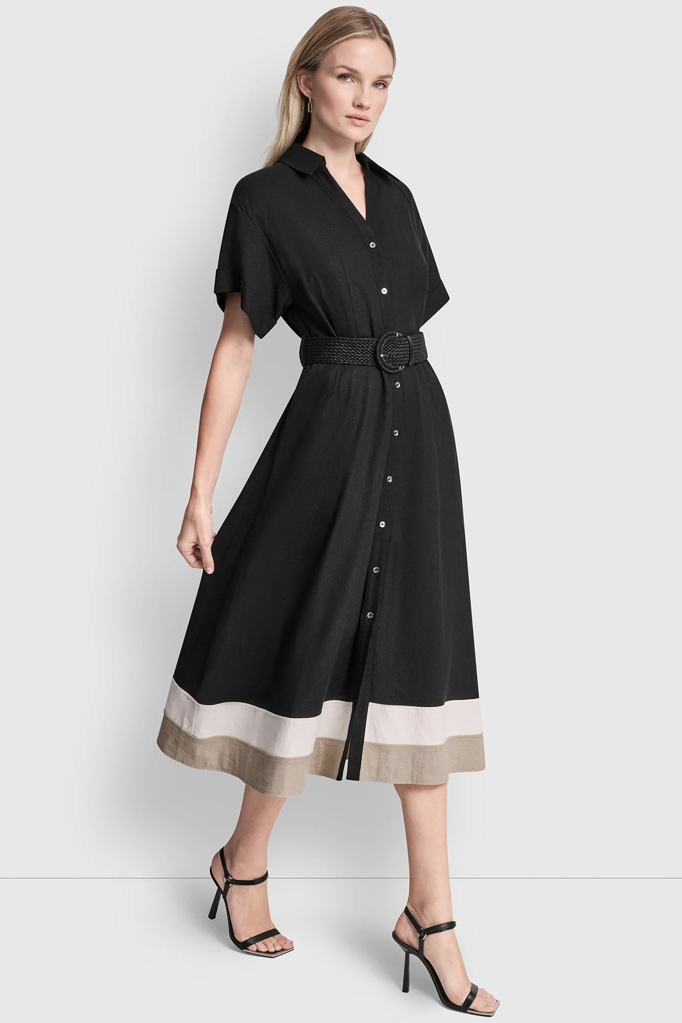 Black/Ivory/Khaki COLOR-BLOCK FIT & FLARE MIDI SHIRT DRESS, VIEW 1 | Dresses & Jumpsuits