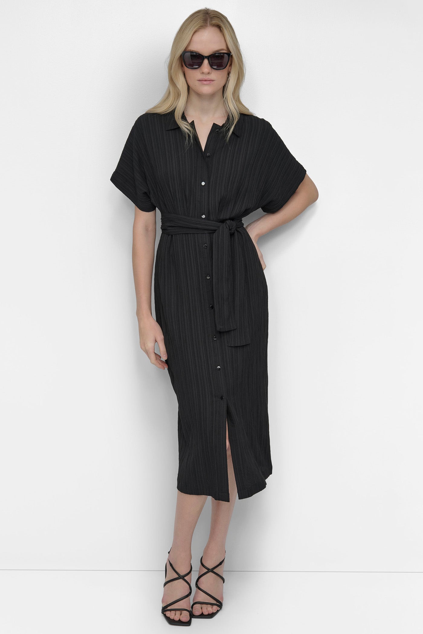Black BELTED MIDI SHIRT DRESS, VIEW 1 | SALE DRESSES