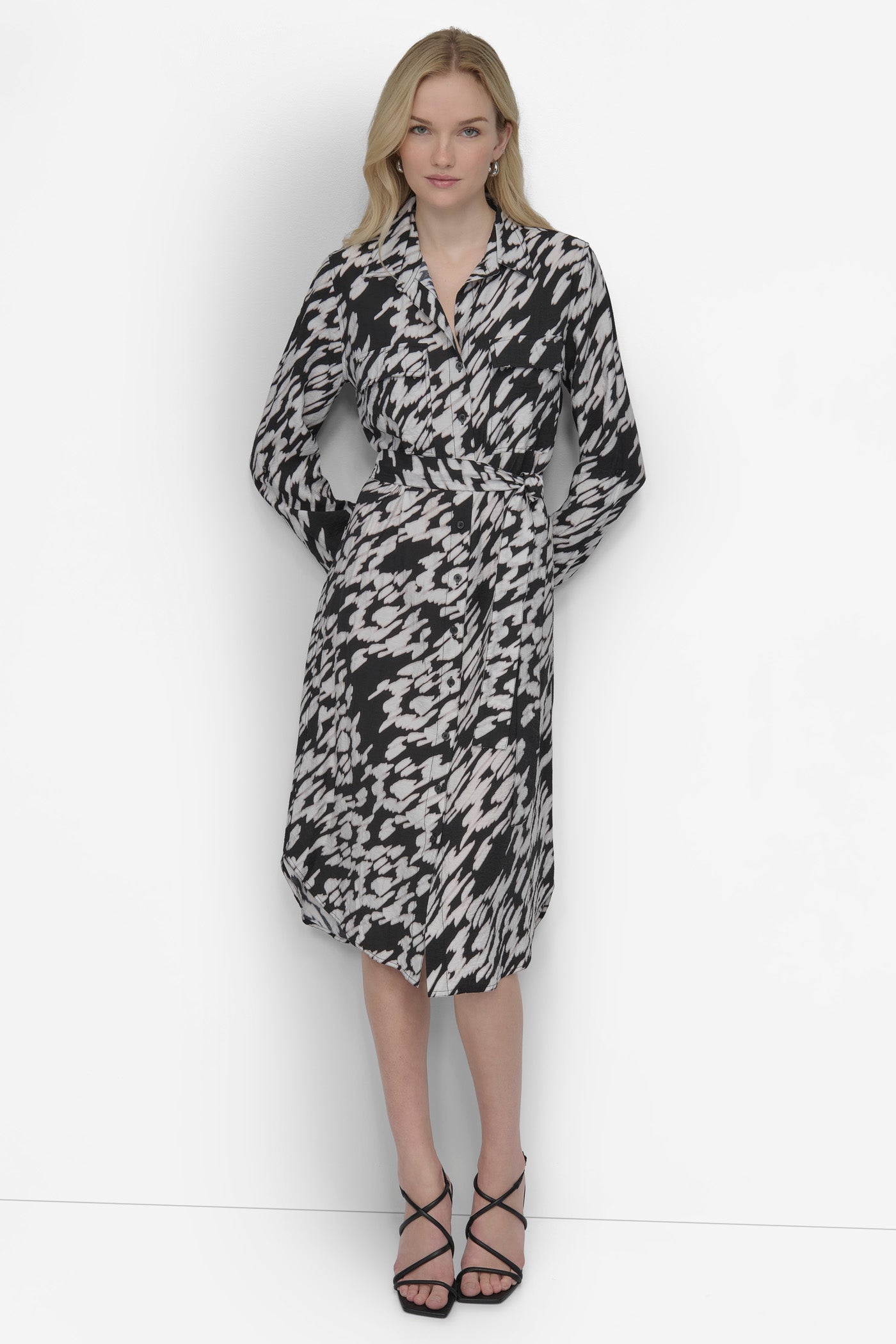 Black Multi BELTED TIERED MIDI SHIRT DRESS, FRONT VIEW | SALE DRESSES