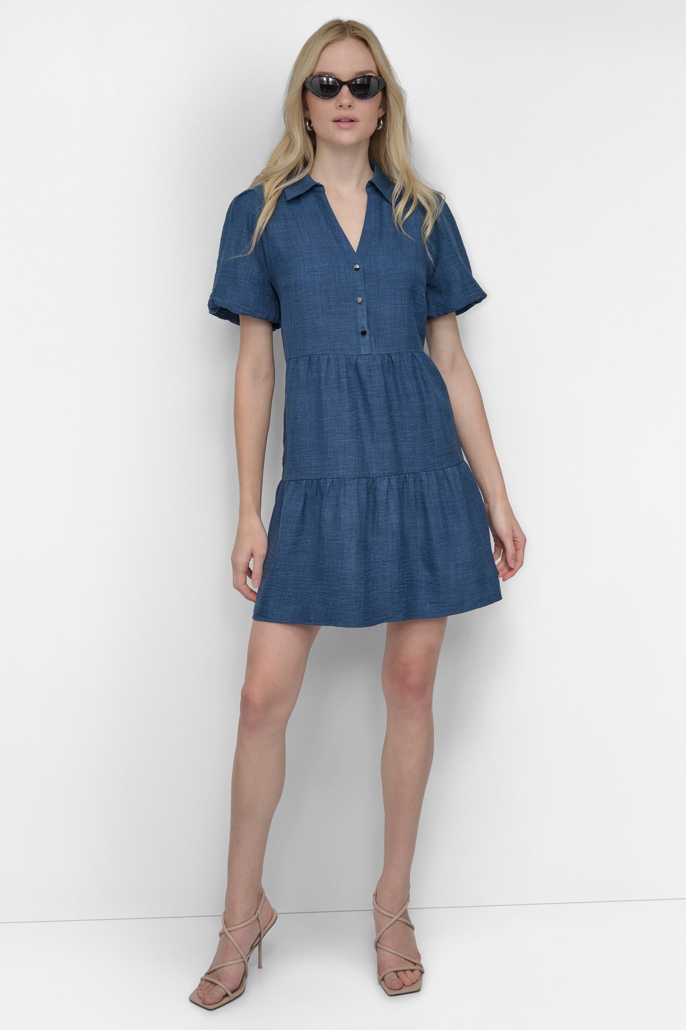 Denim TIERED A-LINE MINI SHIRT DRESS, FRONT VIEW | Denim Destination