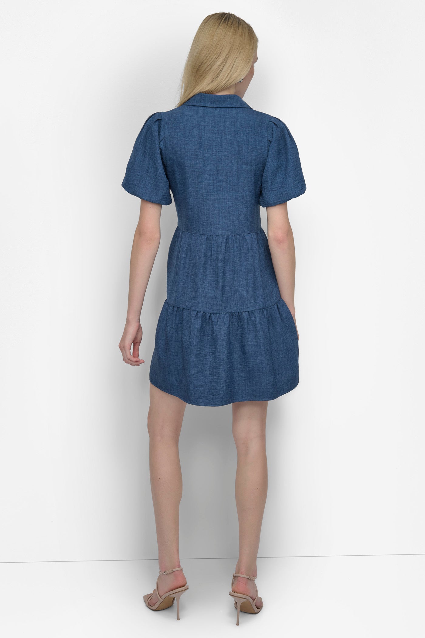 Denim TIERED A-LINE MINI SHIRT DRESS, BACK VIEW | Denim Destination