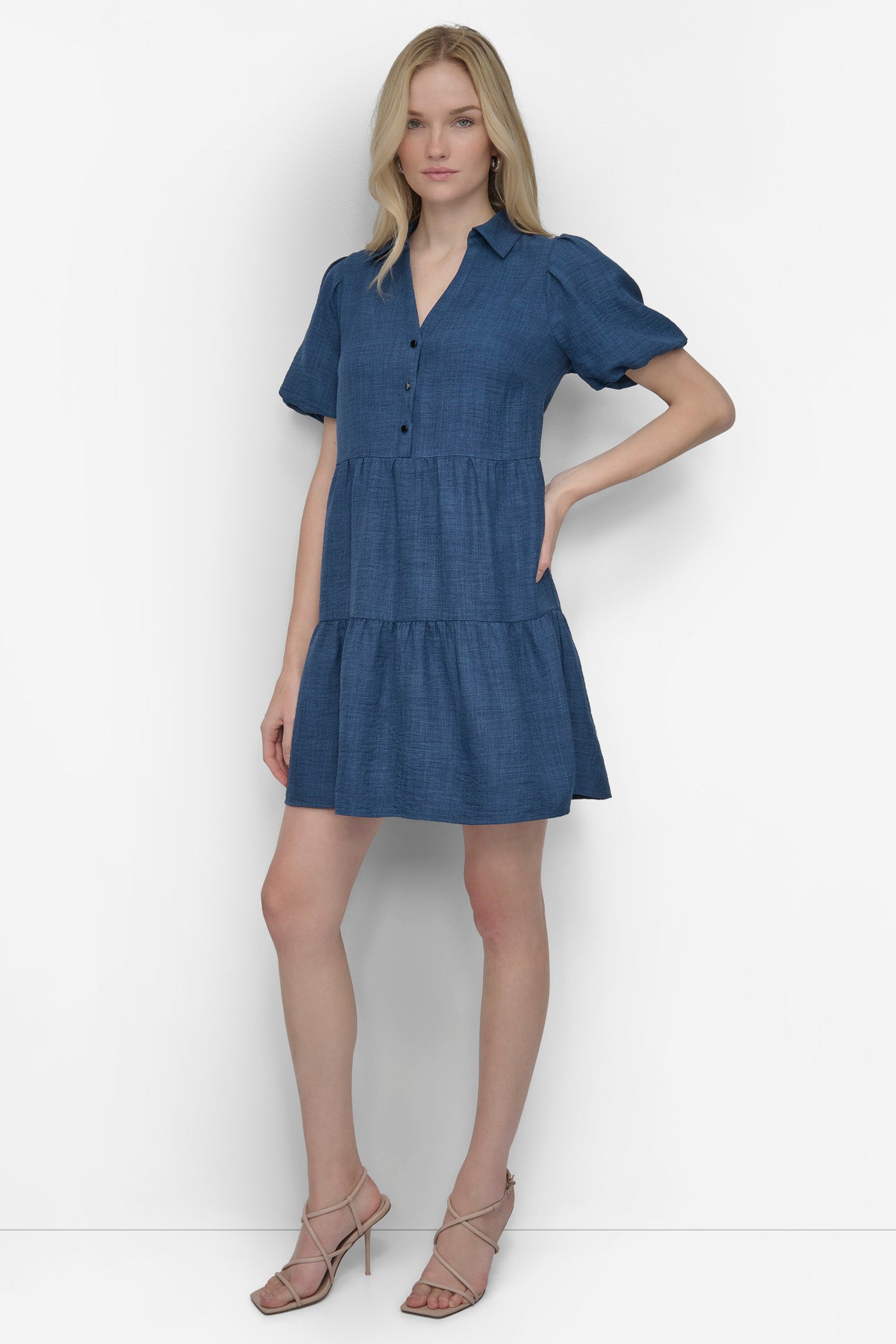TIERED A-LINE MINI SHIRT DRESS VIEW 3 | Denim Destination