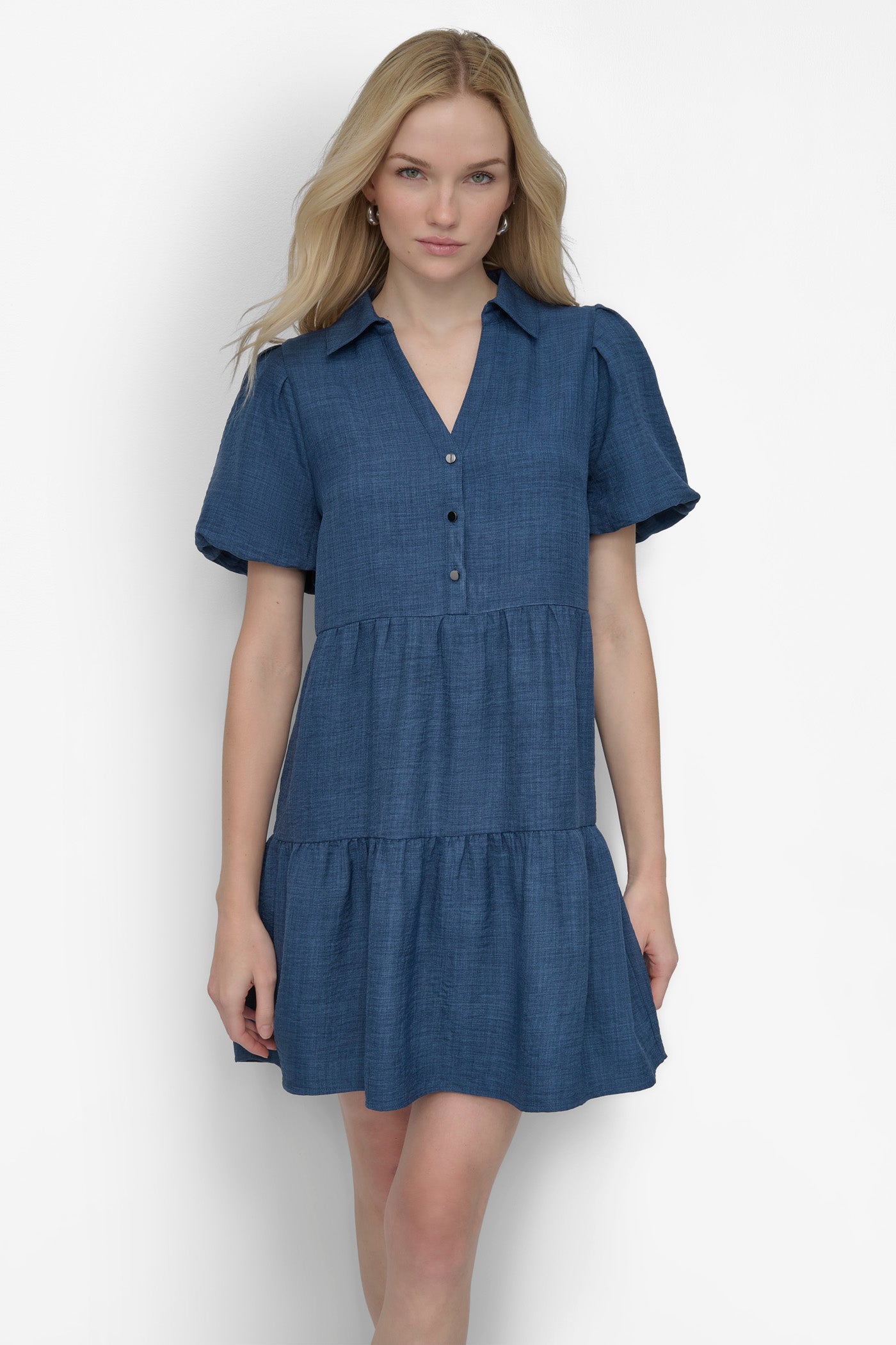 TIERED A-LINE MINI SHIRT DRESS VIEW 8 | Denim Destination