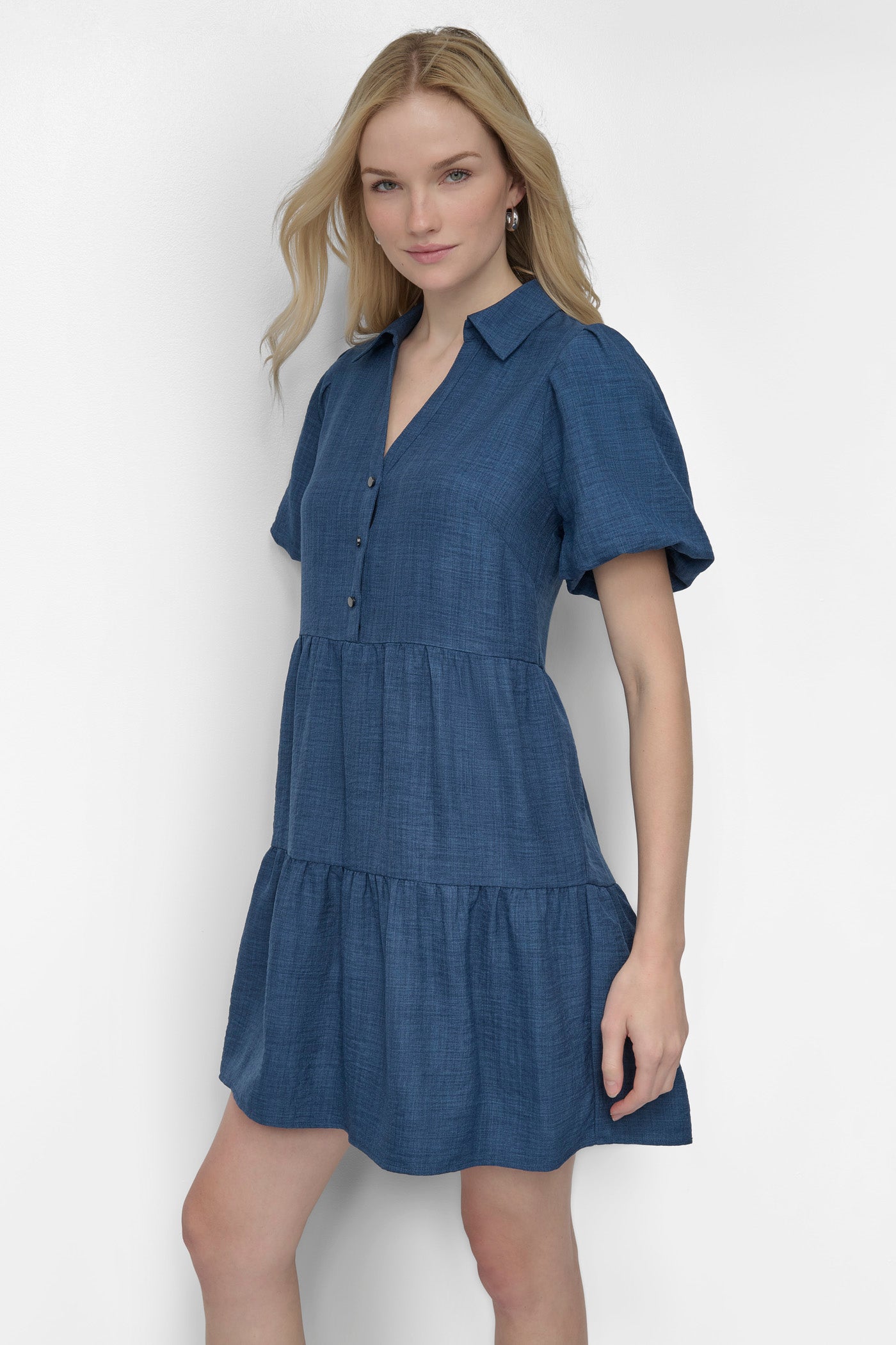 TIERED A-LINE MINI SHIRT DRESS VIEW 4 | Denim Destination