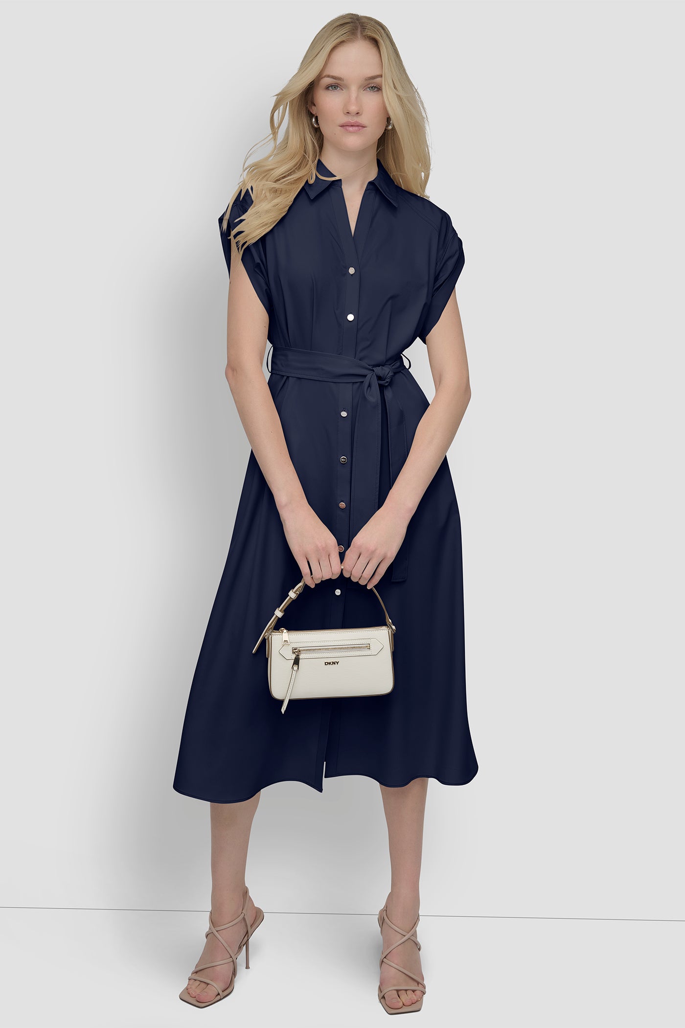 Spring Navy BUTTON-FRONT MIDI COMMUTER DRESS, VIEW 1 | SPRING 2026