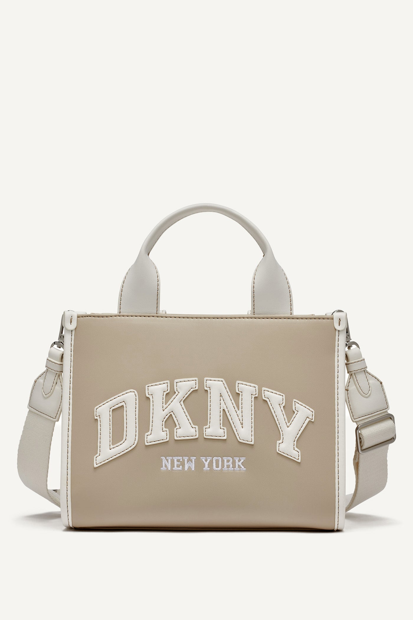 TAUPE/MARSHMALLOW HADLEE SMALL EMBELLISHED LOGO TOTE, VIEW 1 | The Hadlee