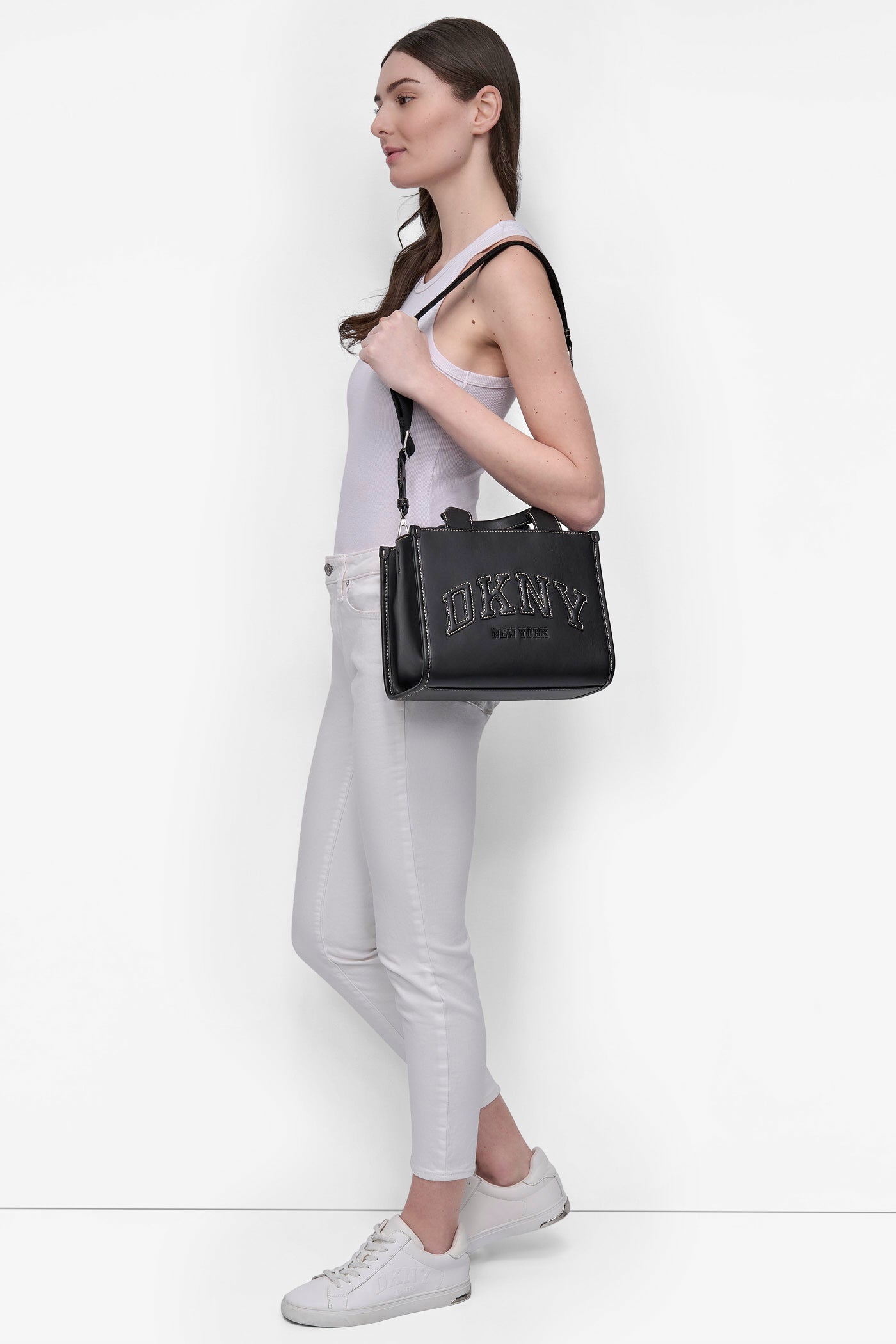 Black HADLEE SMALL EMBELLISHED LOGO TOTE, BACK VIEW | The Hadlee