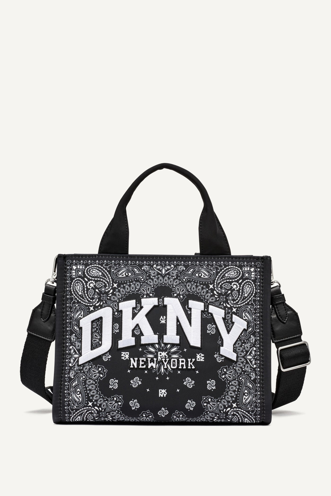 Black/Silver HADLEE SMALL EMBROIDERED LOGO TOTE, FRONT VIEW | The Hadlee