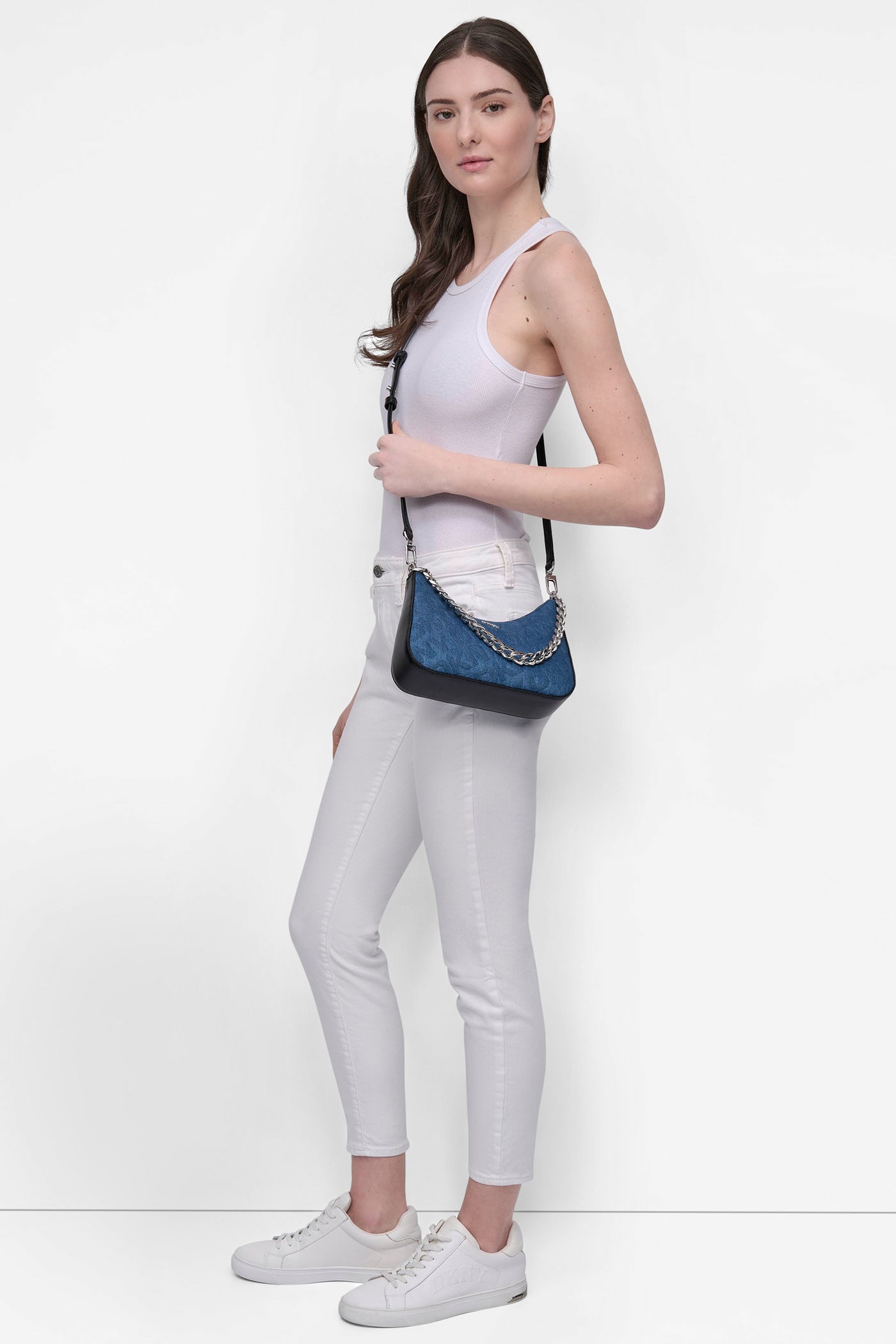DENIM/BLACK JENNA EMBOSSED DEMI CROSSBODY BAG, BACK VIEW | Denim Destination