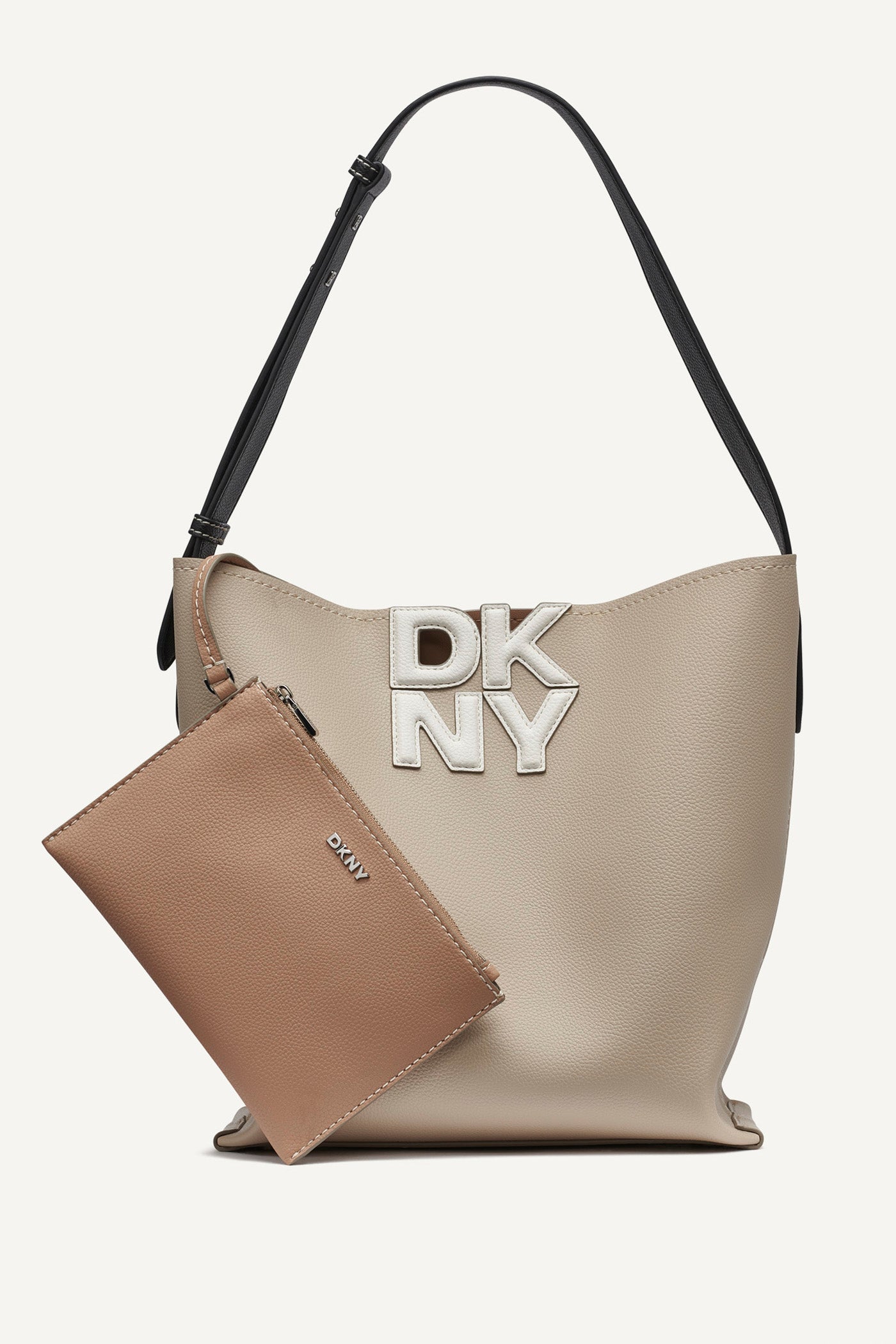 Light Taupe NICOLE LOGO EMBELLISHED BUCKET BAG, FRONT VIEW | 9-5 Edit