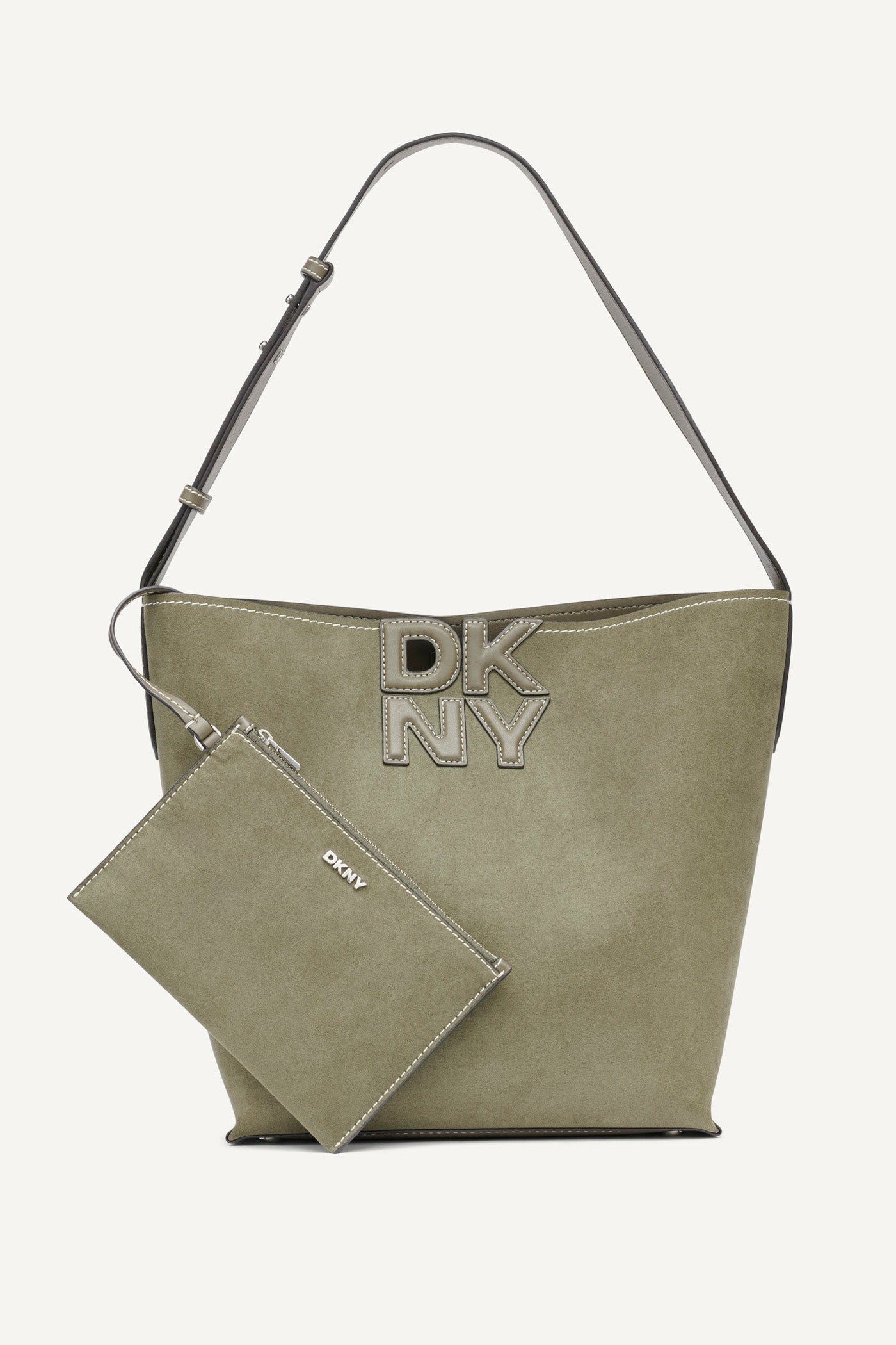 Utility Green NICOLE LOGO BUCKET BAG, FRONT VIEW | 9-5 Edit