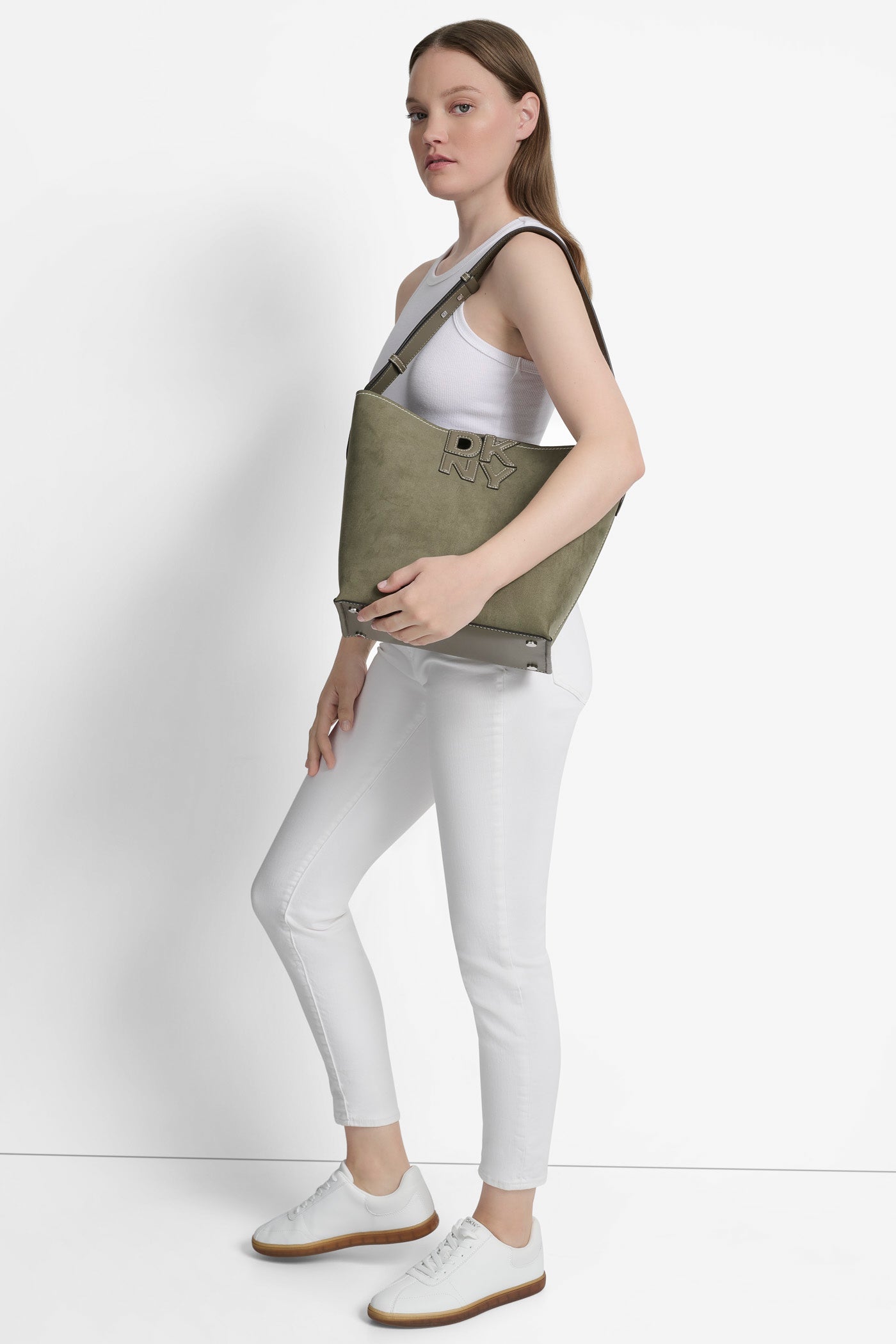 Utility Green NICOLE LOGO BUCKET BAG, BACK VIEW | 9-5 Edit