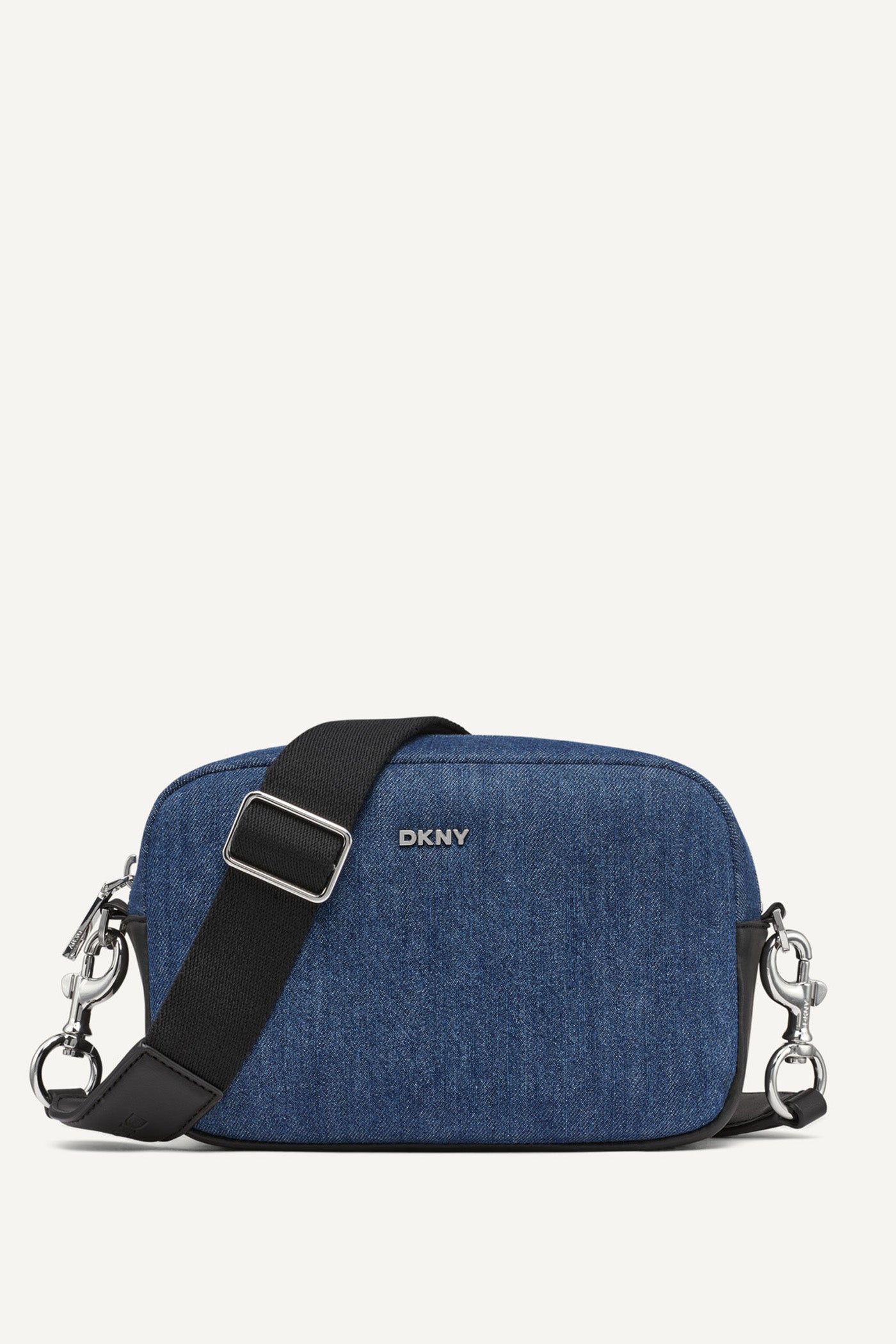 DENIM/BLACK SENZA PANELED CAMERA BAG, FRONT VIEW | Denim Destination