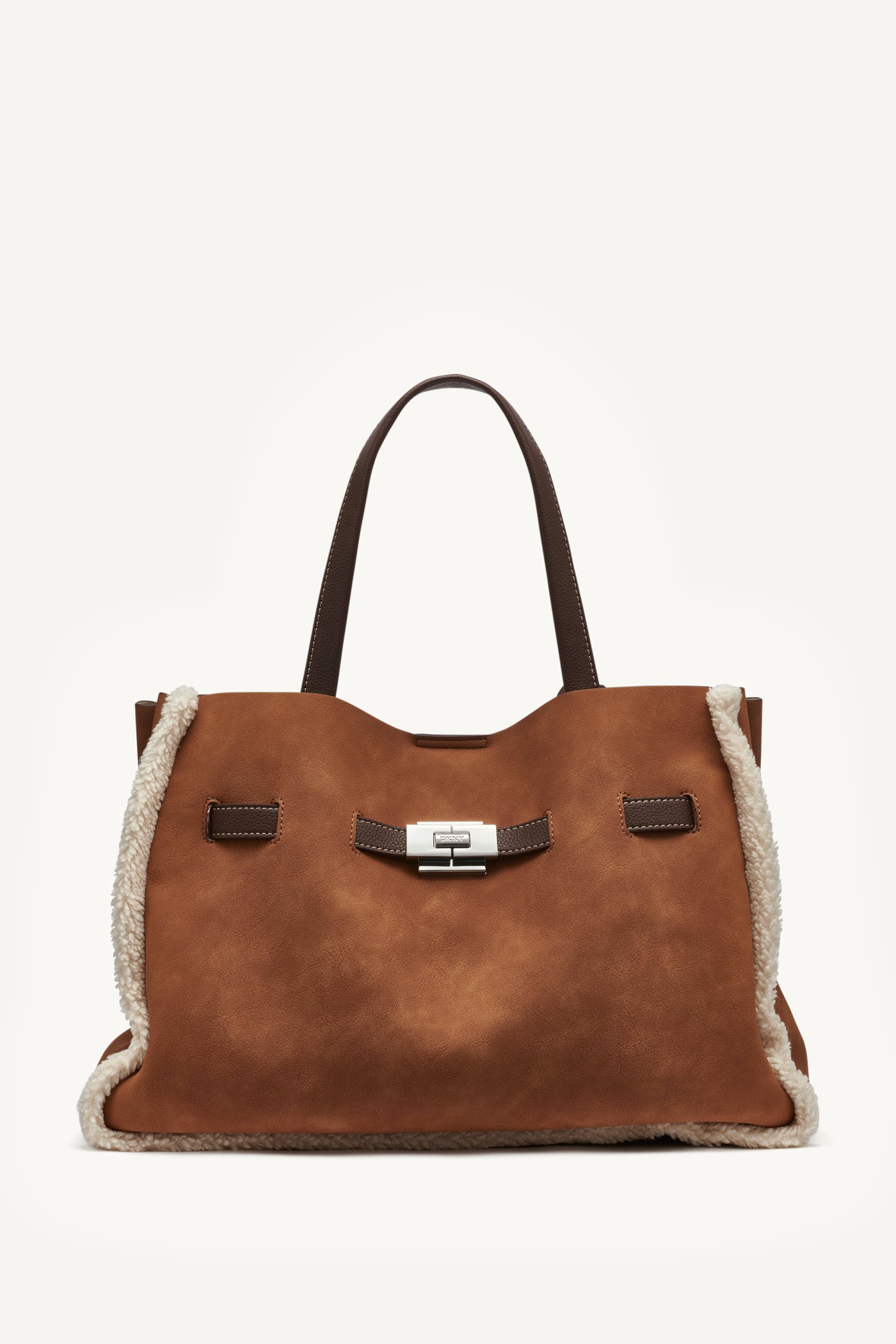 Brown BRYAR LARGE FAUX SHEARLING SATCHEL BAG, FRONT VIEW | Satchel Bags