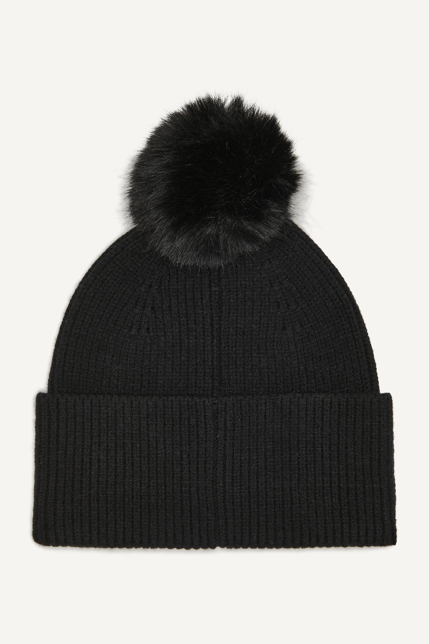 Black DISCO DKNY FAUX FUR POM HAT, BACK VIEW | Cold Weather Accessories