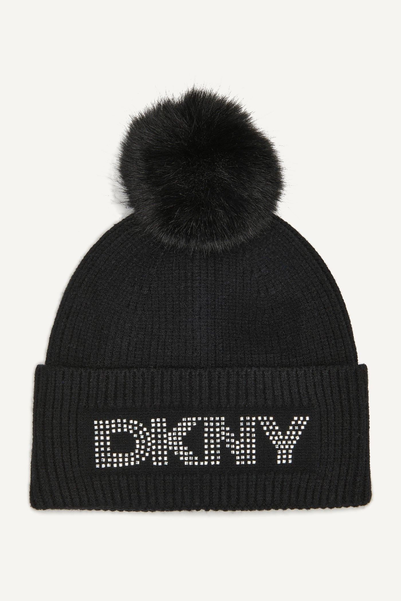 Black DISCO DKNY FAUX FUR POM HAT, FRONT VIEW | Cold Weather Accessories