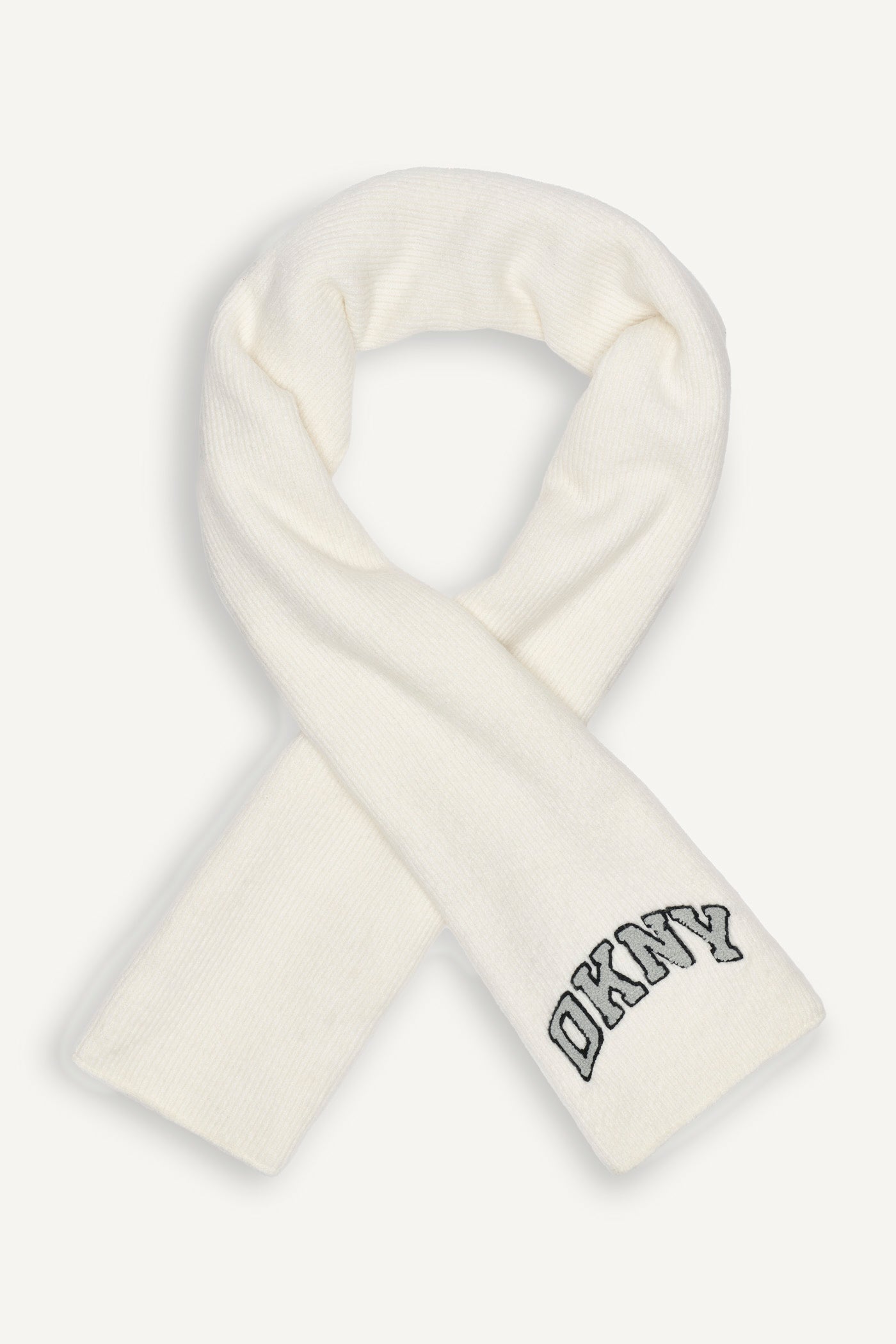 IVORY VARSITY KNIT LOGO SCARF, BACK VIEW | Gifts Under $50