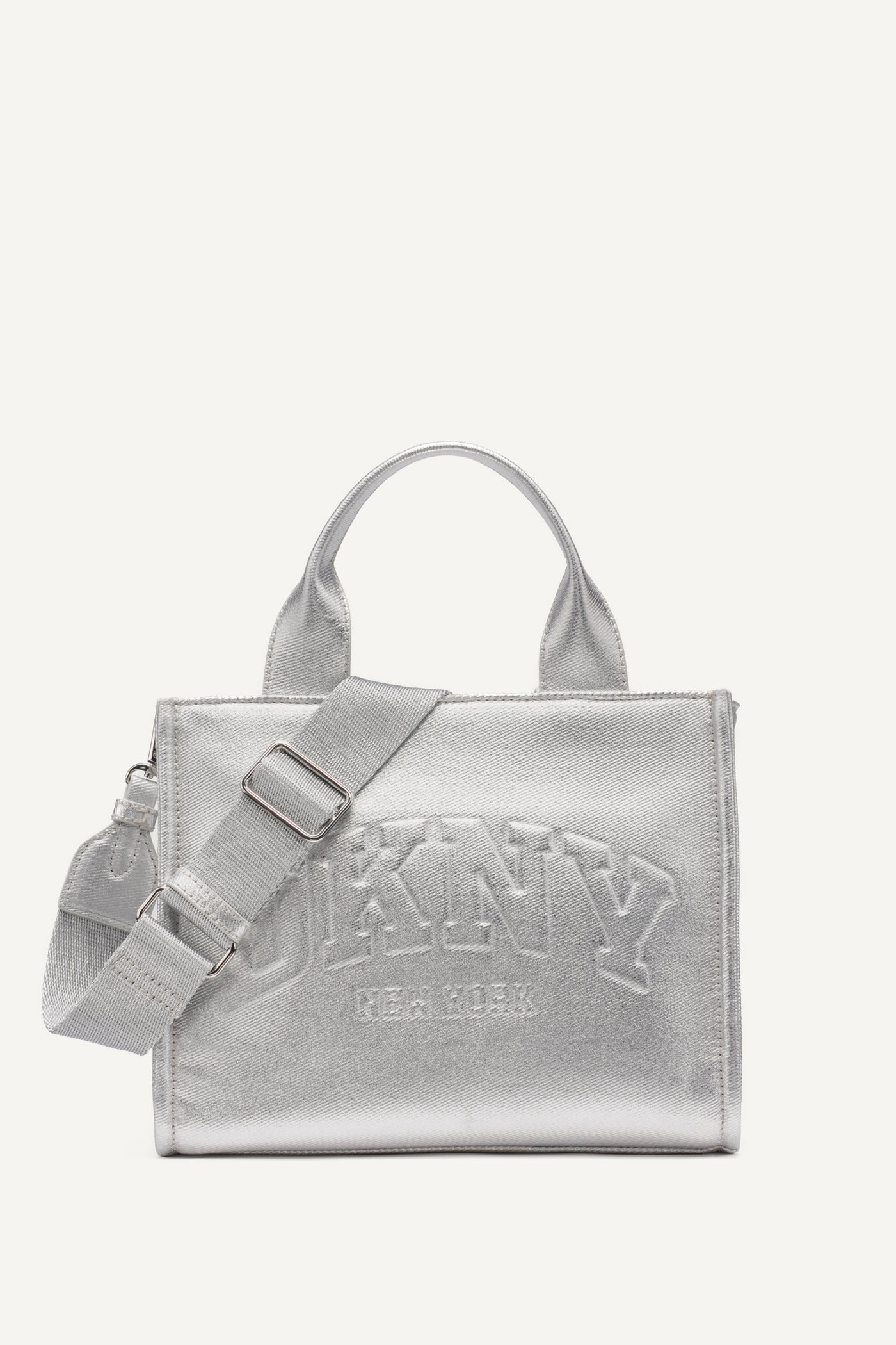 SILVER HADLEE SMALL METALLIC LOGO TOTE, FRONT VIEW | Bags