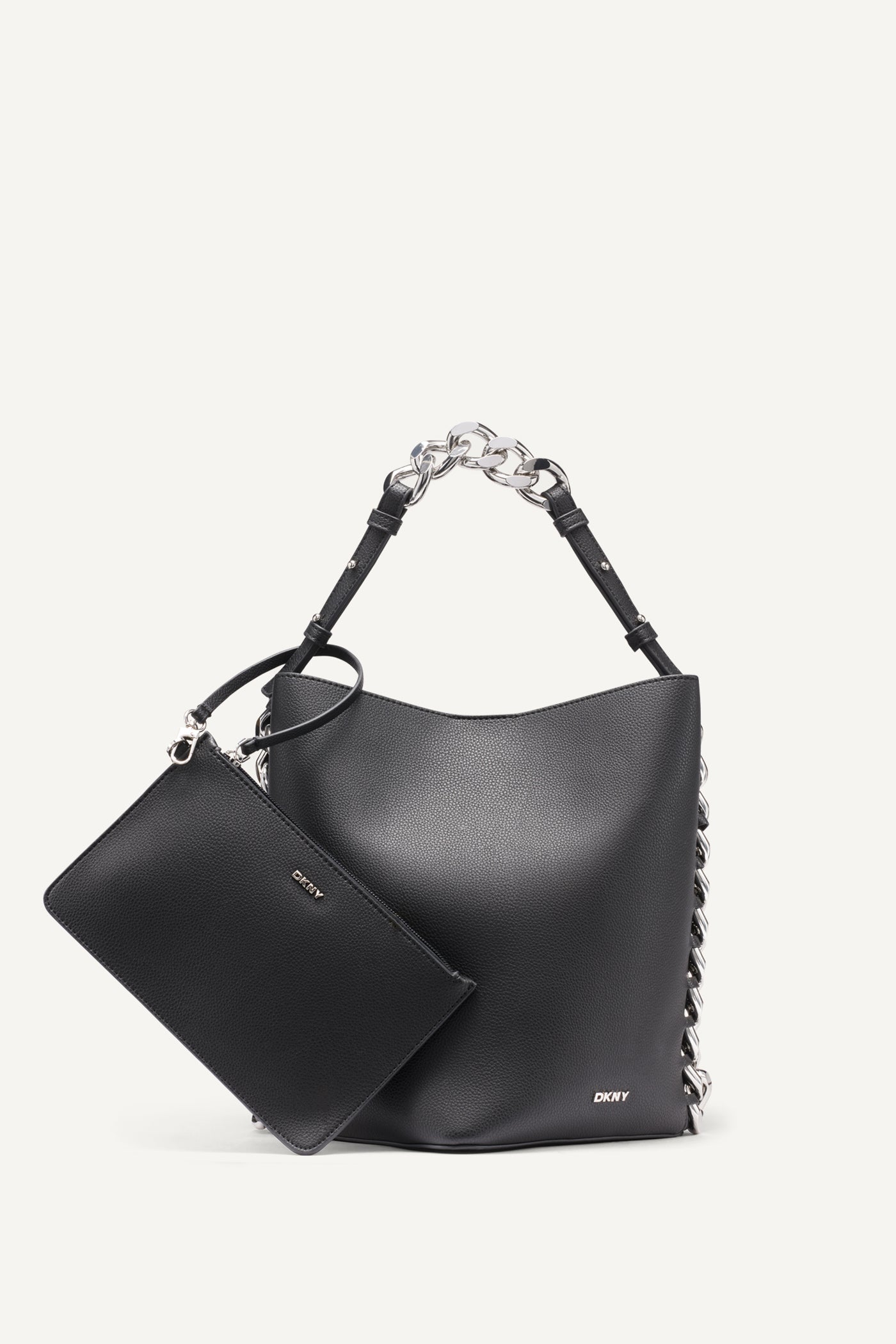 Black RIONA CHAIN BUCKET BAG, FRONT VIEW | DKNY Promo