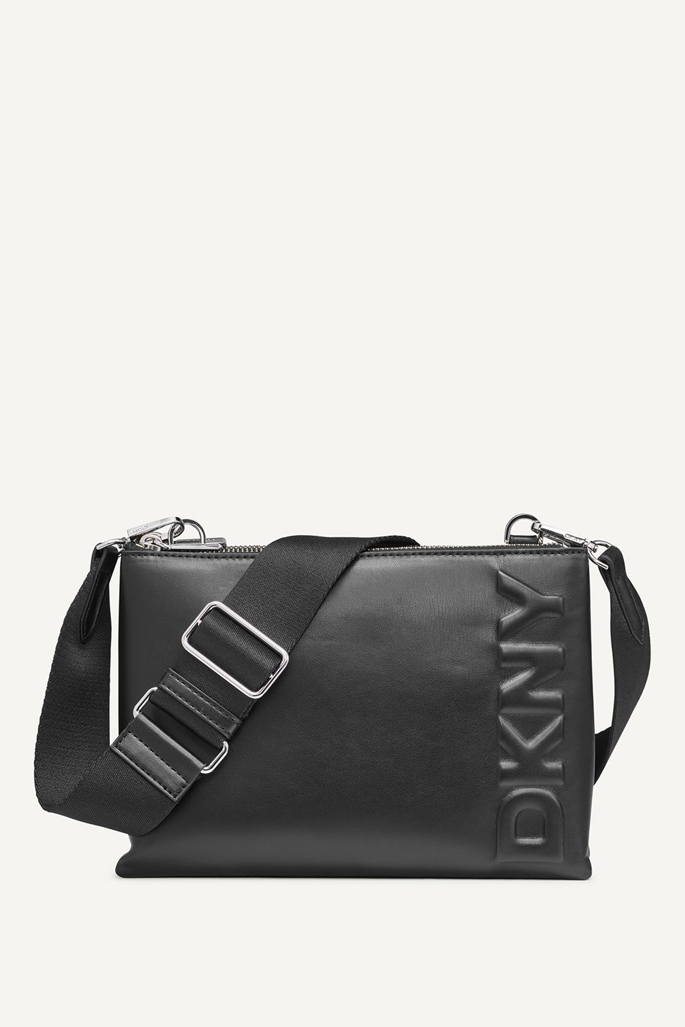 Black/Silver TINSLEY LOGO EMBOSSED CROSSBODY BAG, FRONT VIEW | Summer Essentials