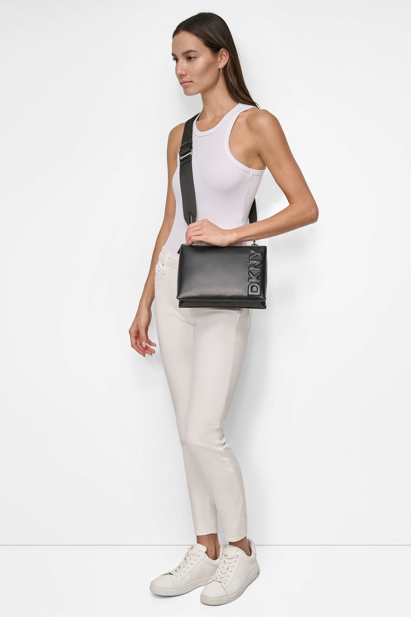 Black/Silver TINSLEY LOGO EMBOSSED CROSSBODY BAG, BACK VIEW | Summer Essentials