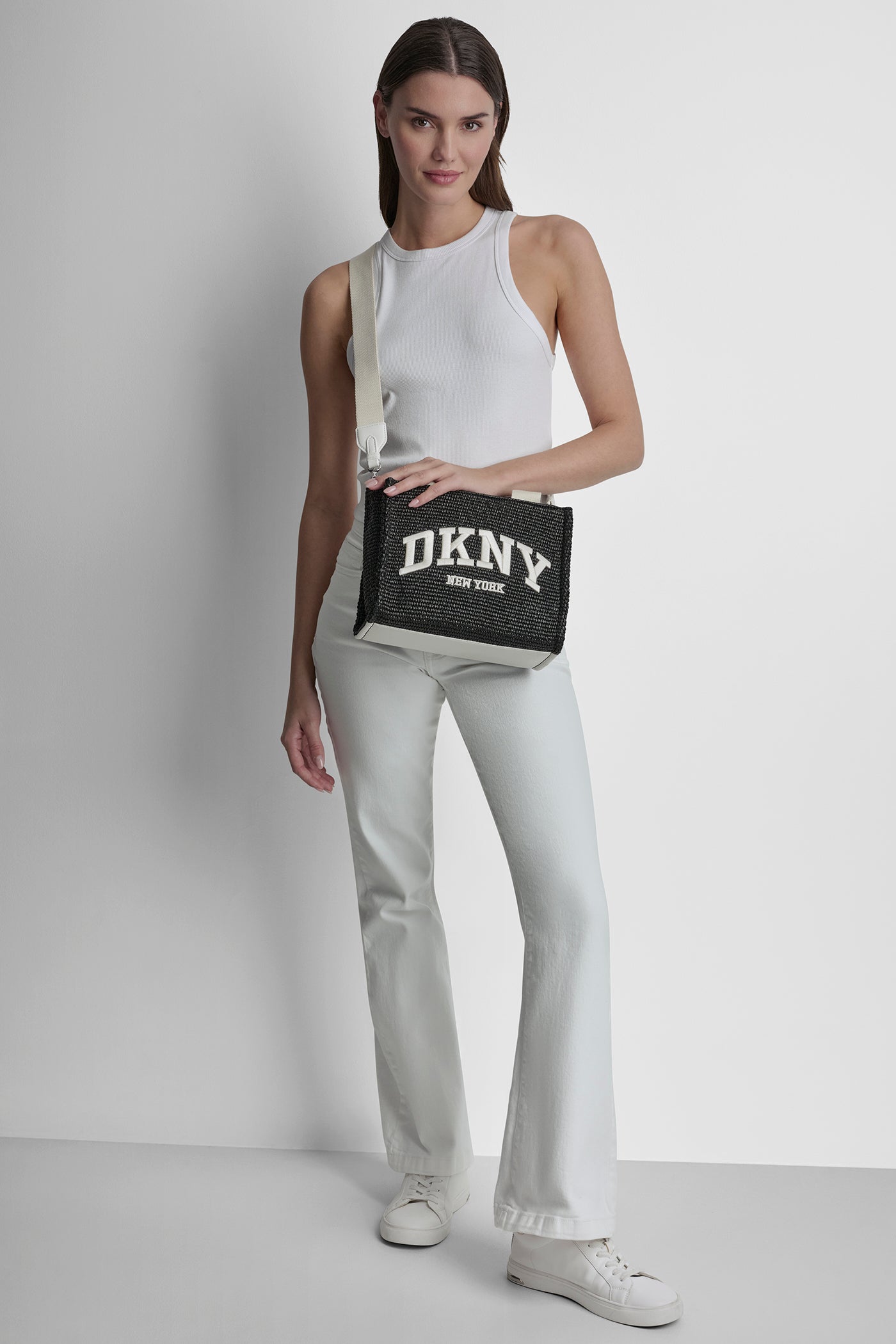 Black/White HADLEE SMALL STRAW LOGO TOTE, BACK VIEW | The Vacation Edit