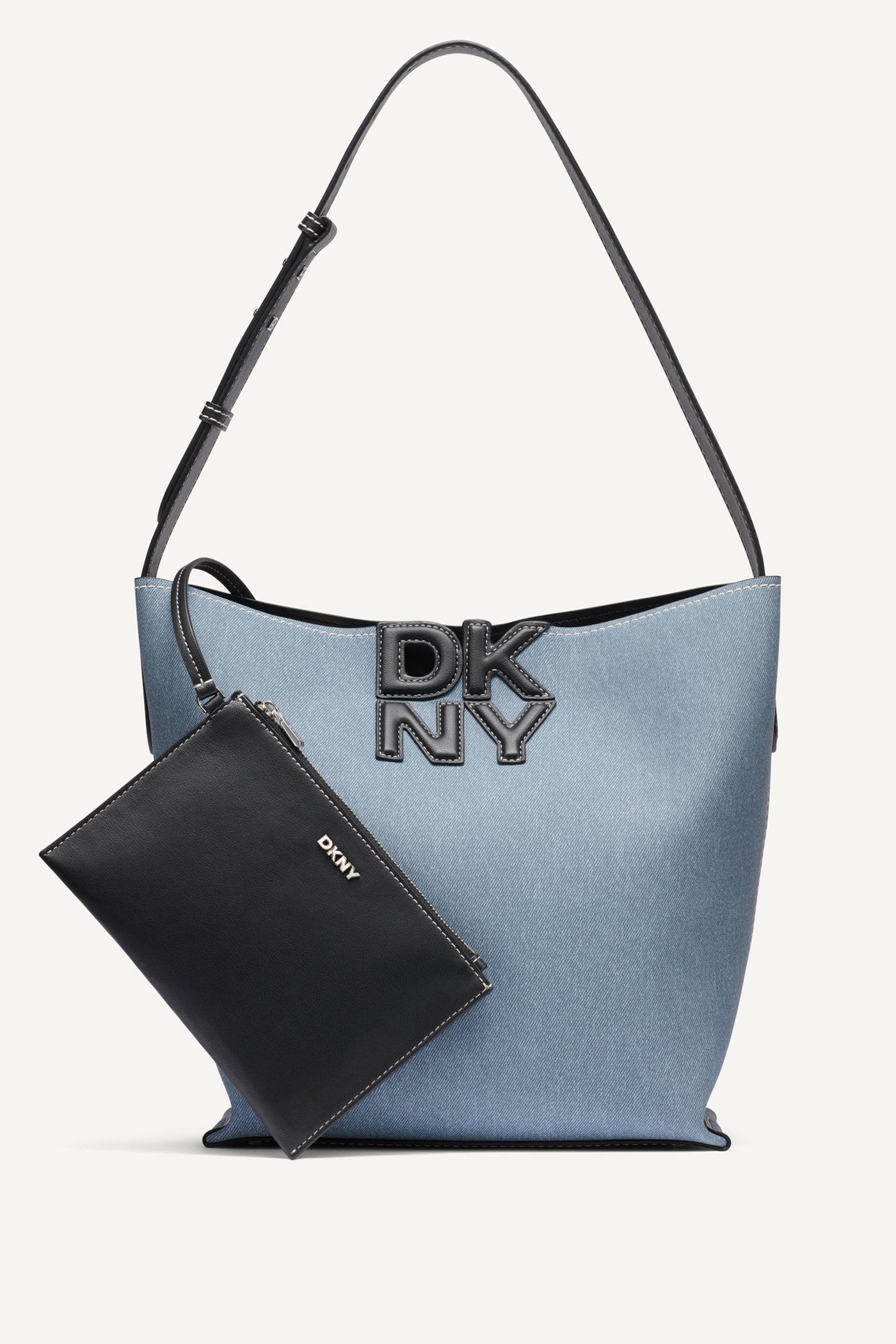 Denim NICOLE DENIM LOGO BUCKET BAG, FRONT VIEW | Shoulder & Hobo Bags