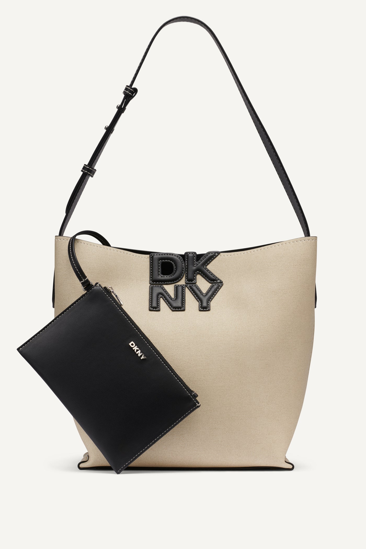 Natural/Black NICOLE LOGO BUCKET BAG, FRONT VIEW | Shoulder & Hobo Bags