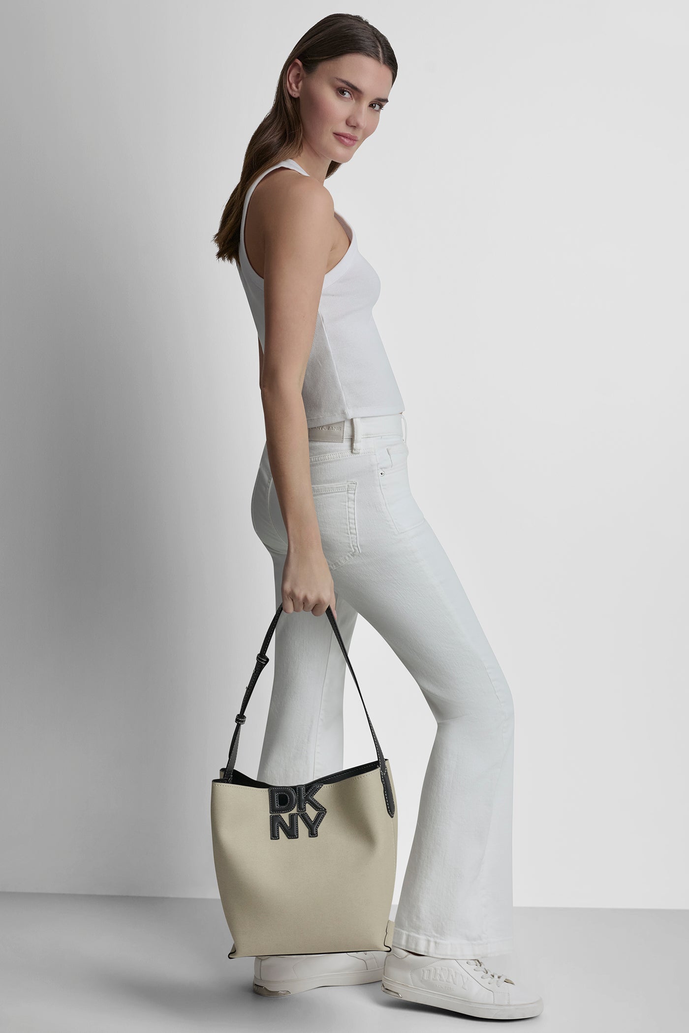 Natural/Black NICOLE LOGO BUCKET BAG, BACK VIEW | The Vacation Edit