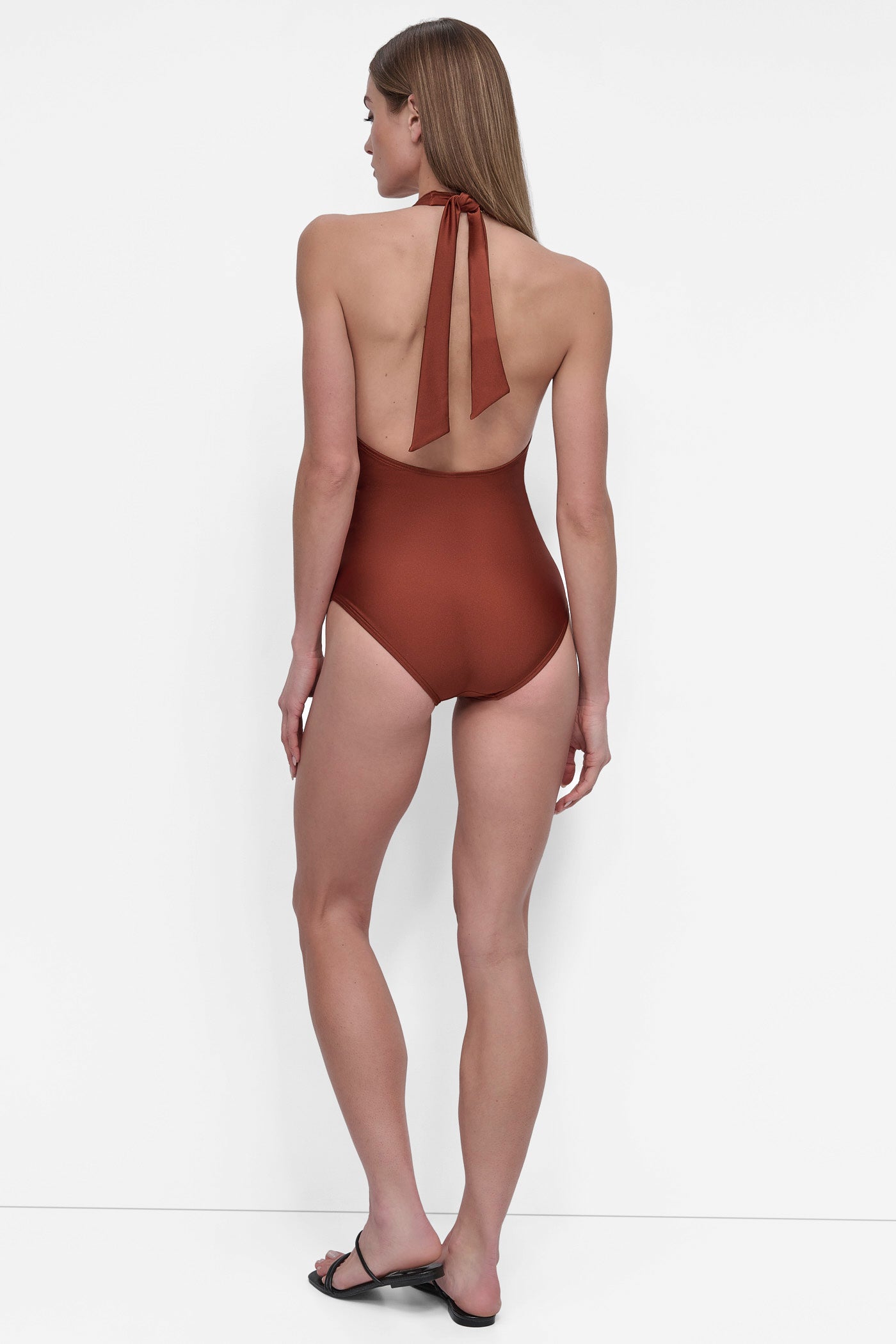 Copper Shimmer SHIRRED HALTER ONE PIECE, BACK VIEW | SWIM