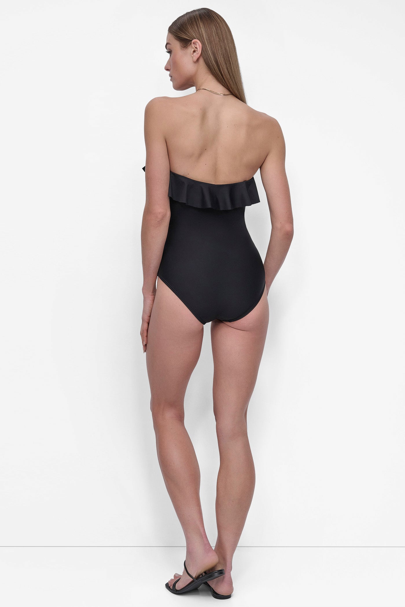 Black RUFFLED PINUP BANDEAU ONE PIECE, BACK VIEW | Products