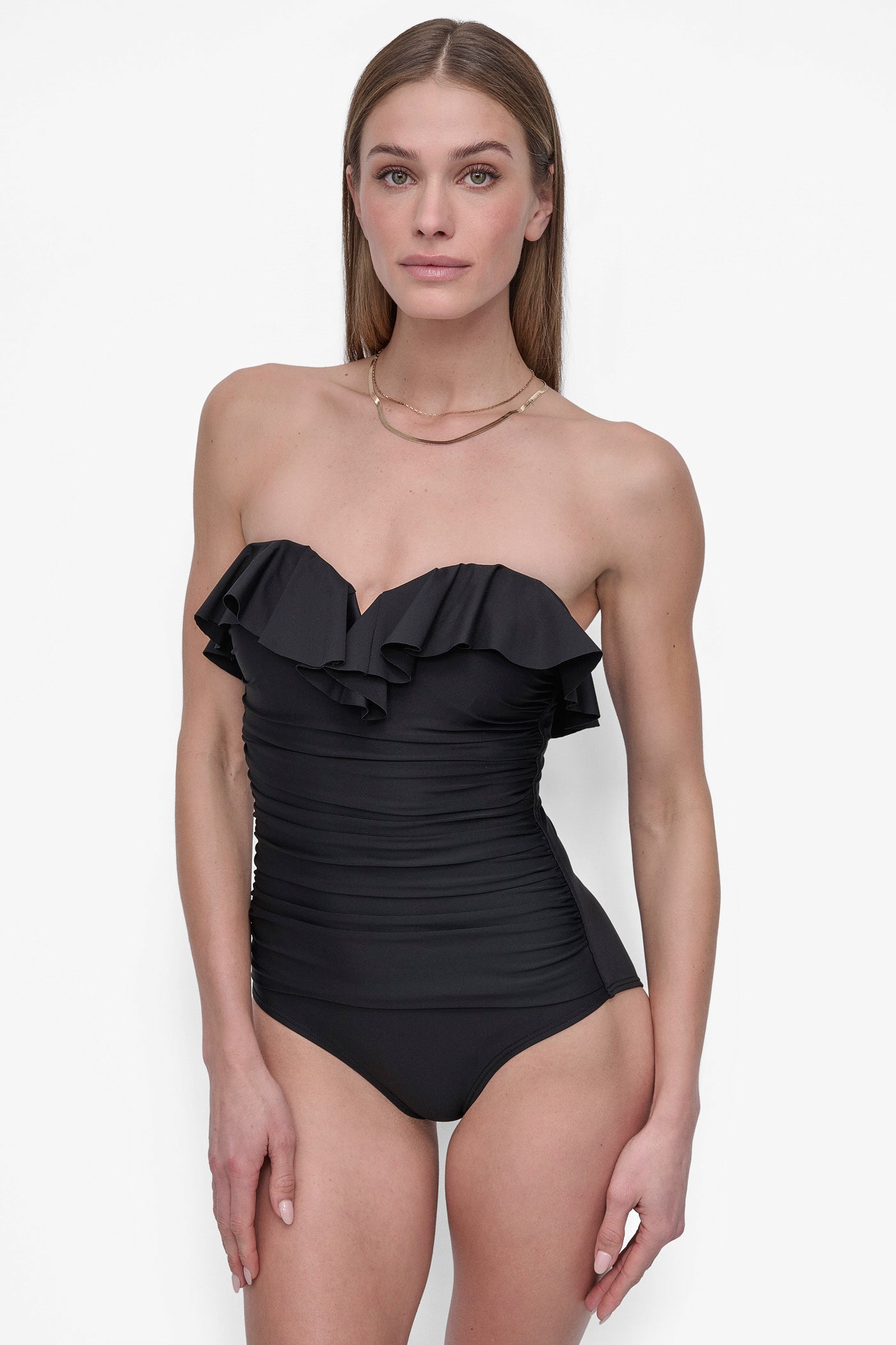 Black RUFFLED PINUP BANDEAU ONE PIECE, FRONT VIEW | Products