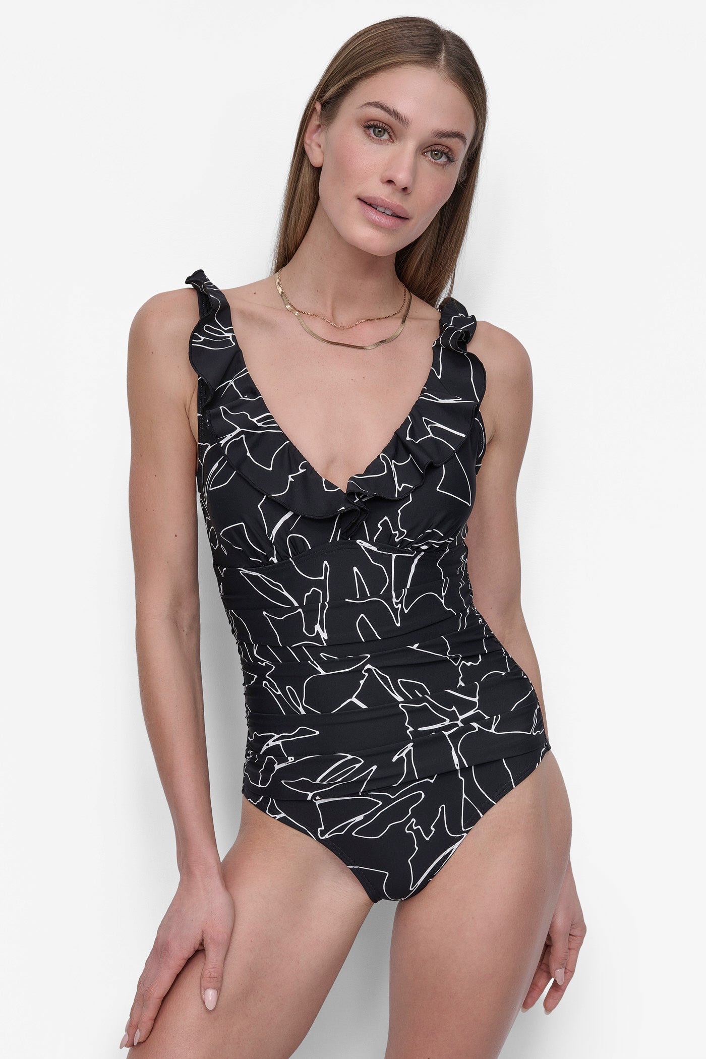 JUMBO OUTLINED FLORAL RUFFLED PLUNGE V-NECK ONE PIECE, FRONT VIEW | Summer Essentials