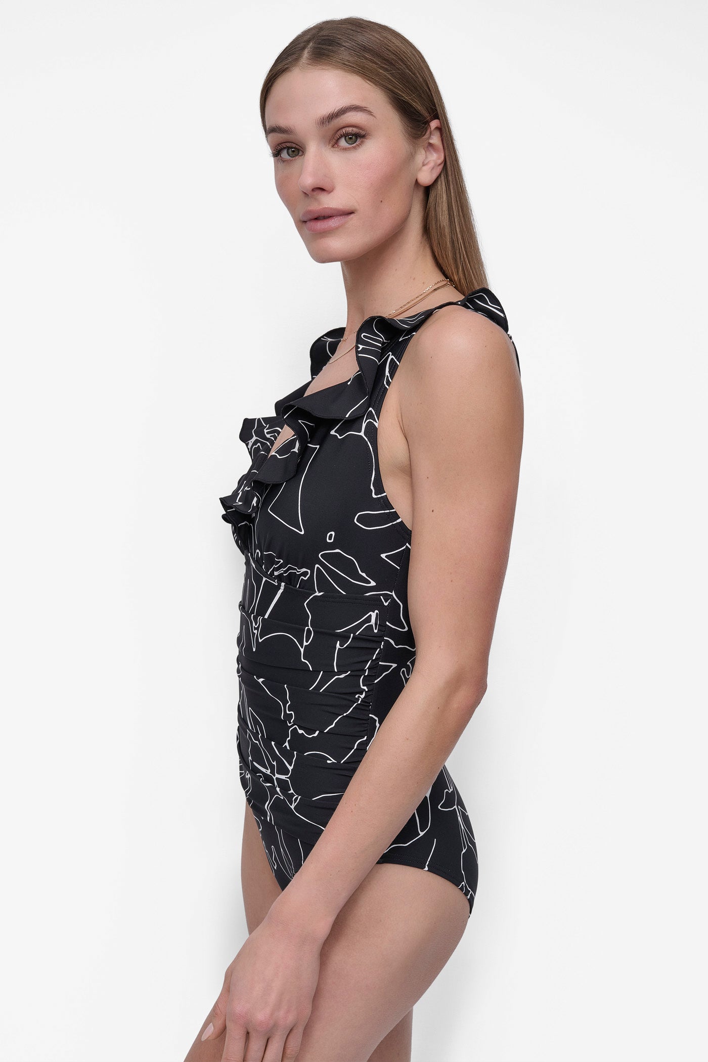 RUFFLED PLUNGE V-NECK ONE PIECE VIEW 3 | Summer Essentials