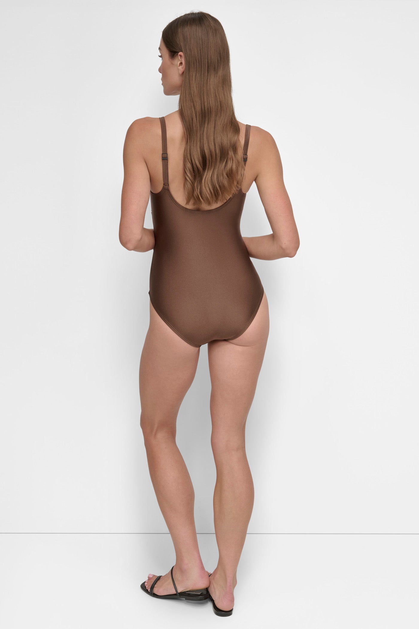 MOCHA SHIMMER TWIST WRAP-EFFECT ONE PIECE, BACK VIEW | Summer Essentials