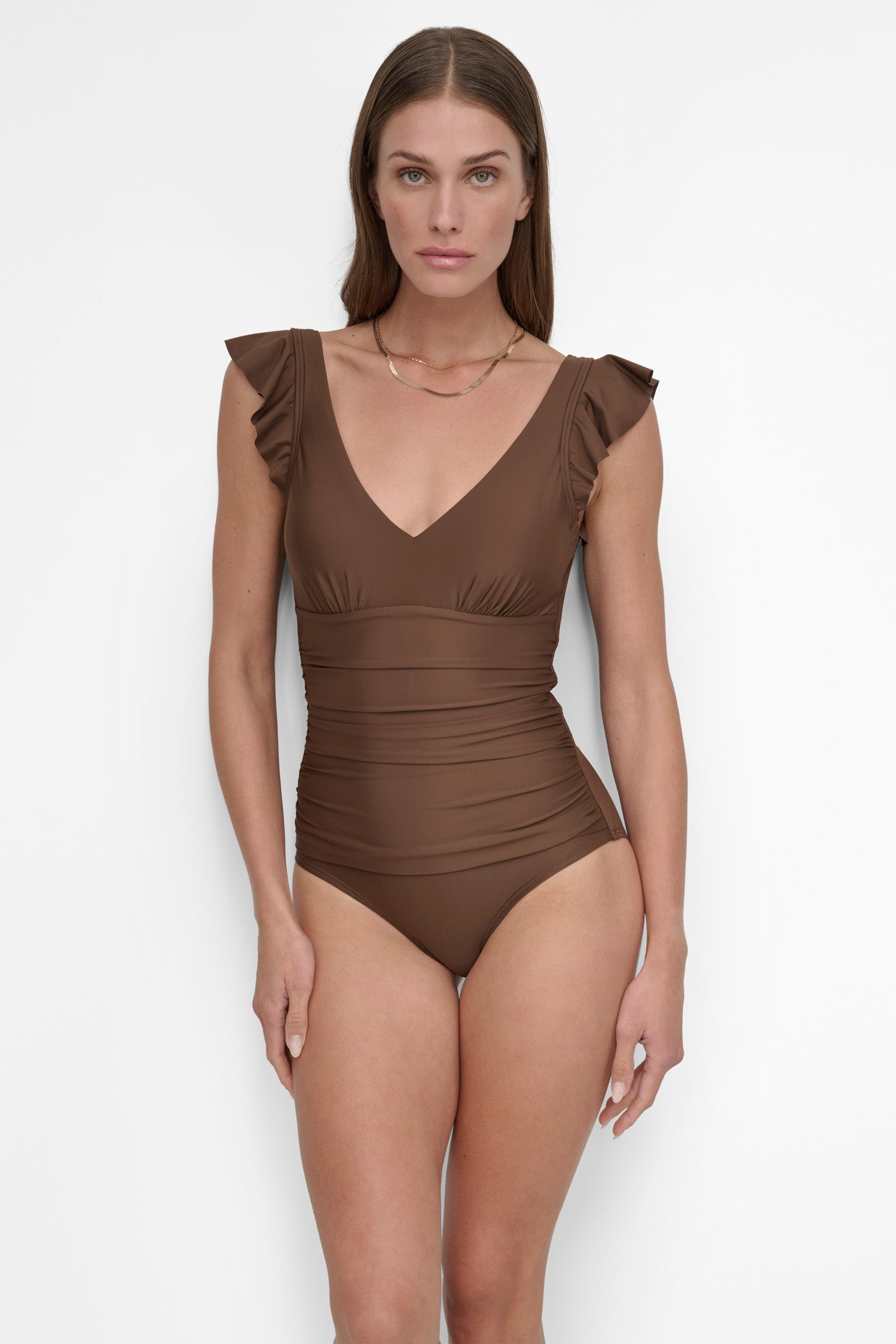 MOCHA FLUTTER SLEEVE ONE PIECE, VIEW 1 | Summer Essentials