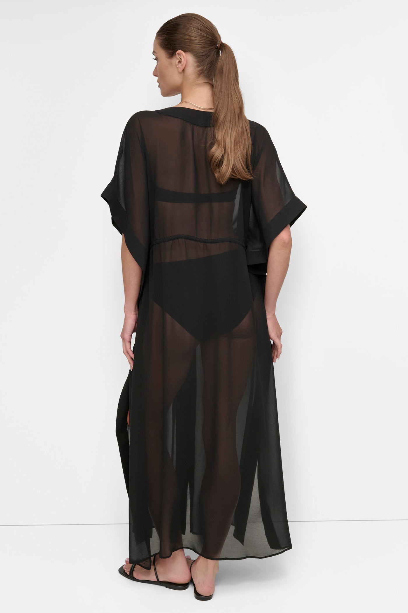 Black TIE-FRONT MAXI KAFTAN, BACK VIEW | SWIM