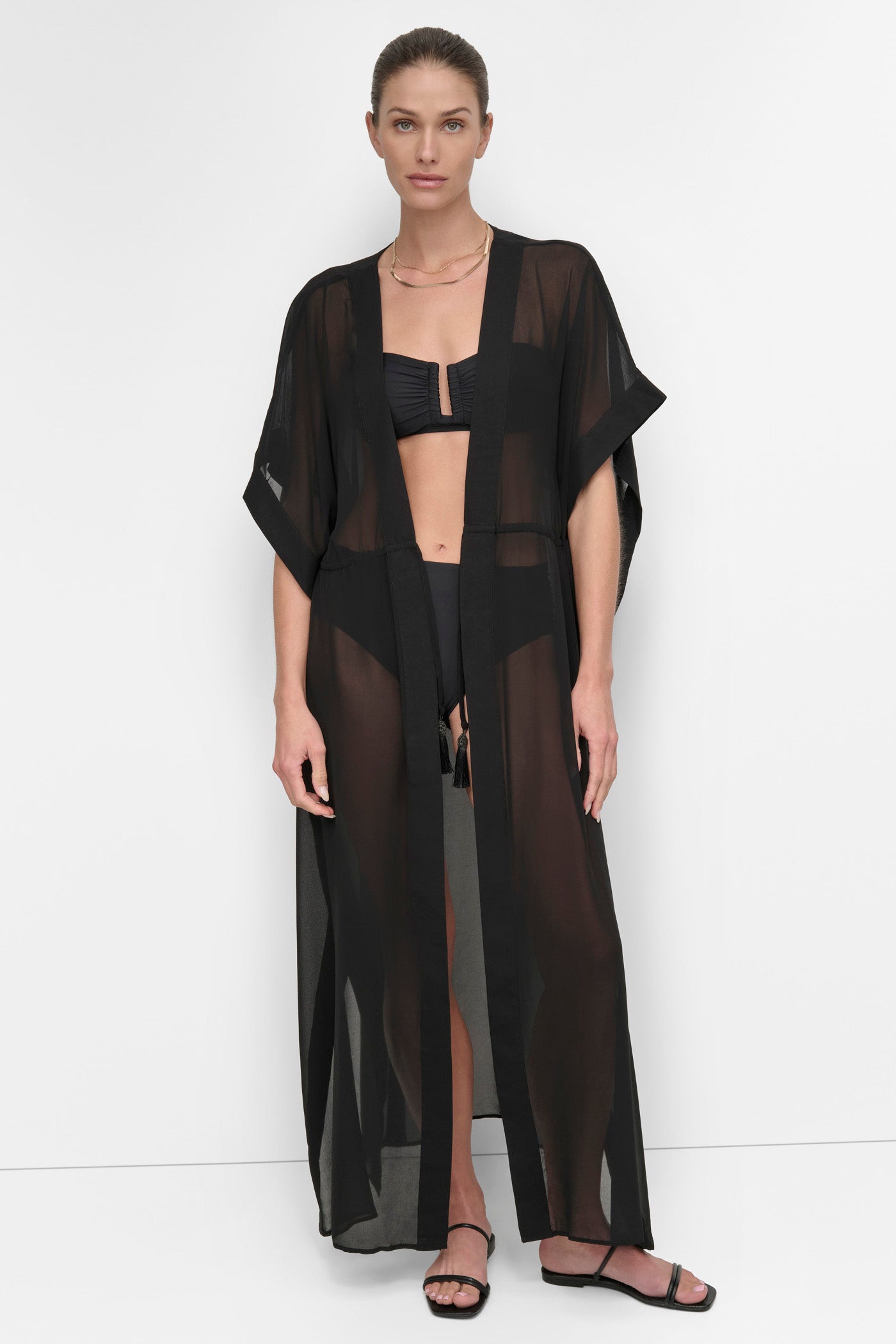 Black TIE-FRONT MAXI KAFTAN, FRONT VIEW | SWIM