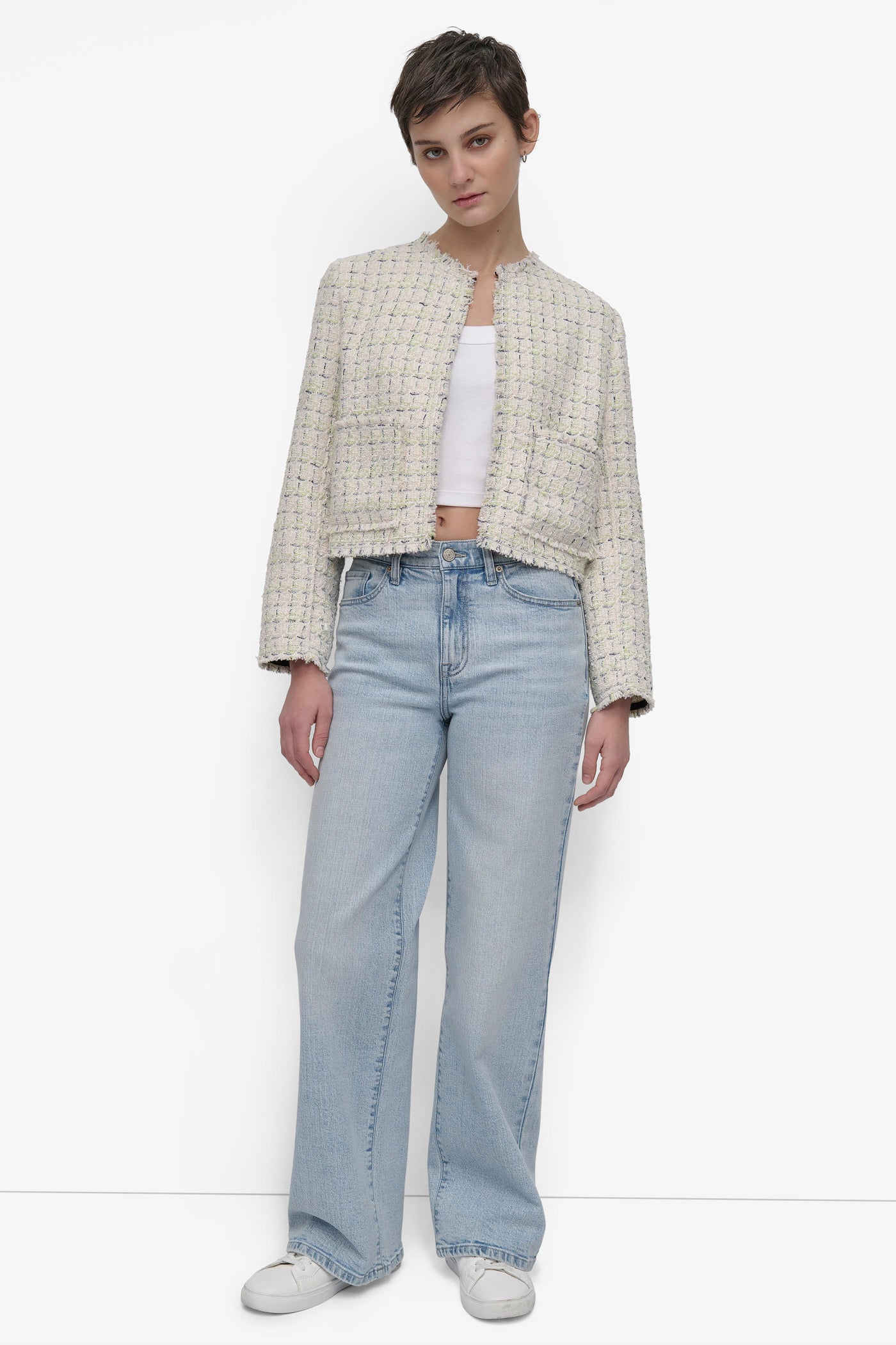 FRAYED CROPPED JACKET WITH FRONT POCKETS | DKNY 