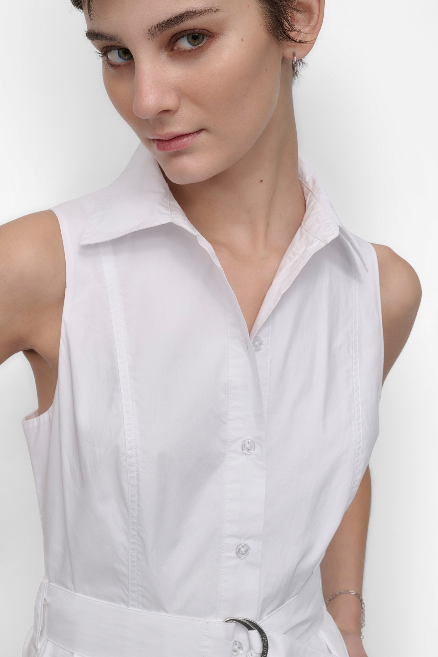 SLEEVELESS BUTTON FRONT POPLIN DRESS WITH SELF BELT VIEW 4 | Summer Essentials