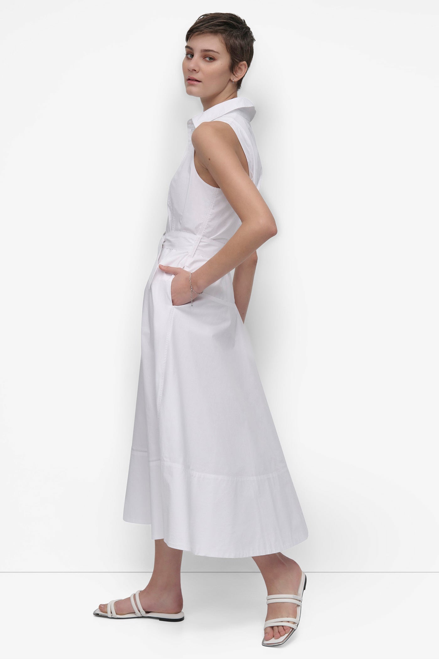 SLEEVELESS BUTTON FRONT POPLIN DRESS WITH SELF BELT VIEW 8 | Summer Essentials