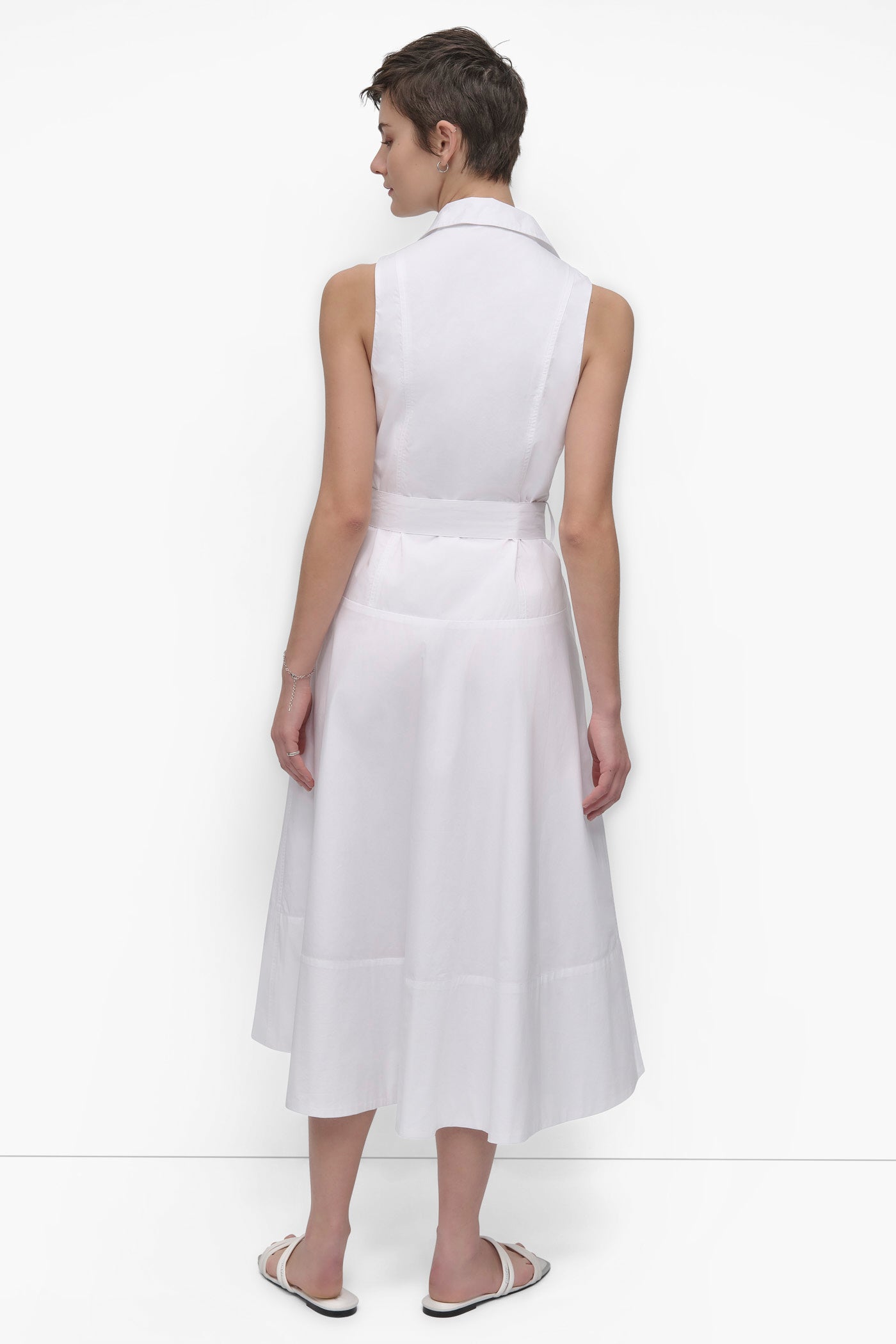 White SLEEVELESS BUTTON FRONT POPLIN DRESS WITH SELF BELT, BACK VIEW | Summer Essentials