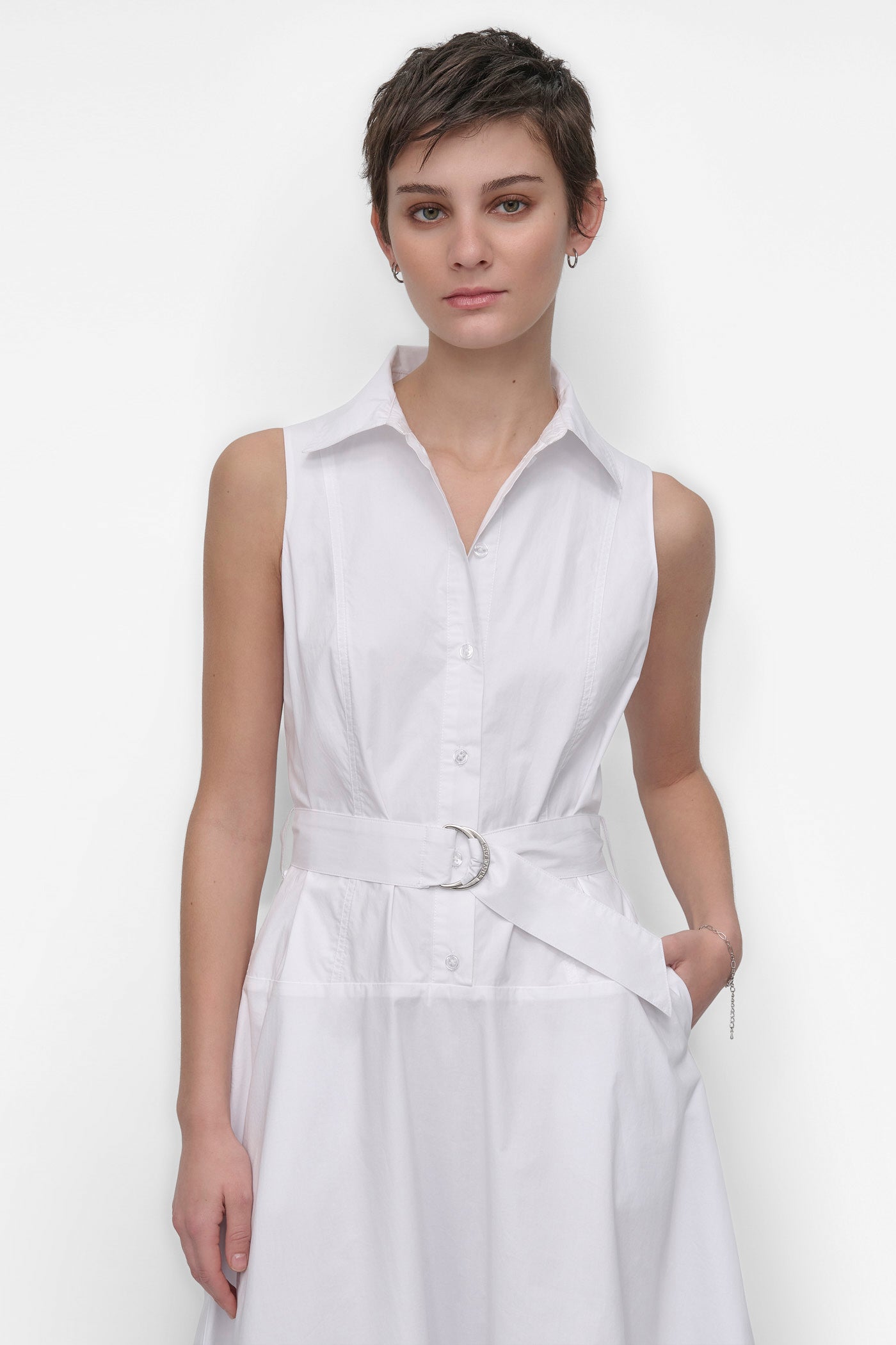 SLEEVELESS BUTTON FRONT POPLIN DRESS WITH SELF BELT VIEW 6 | Summer Essentials