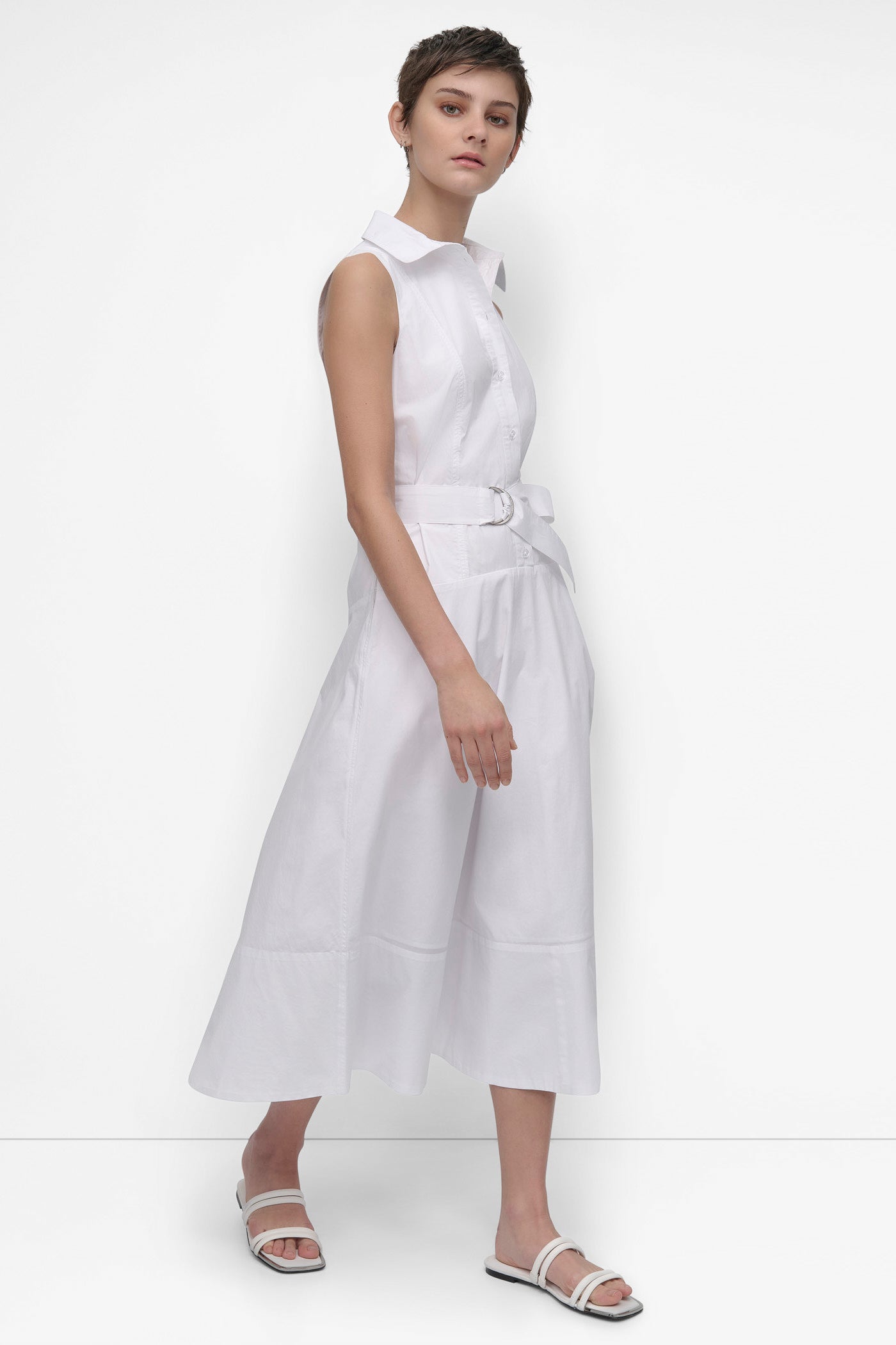 SLEEVELESS BUTTON FRONT POPLIN DRESS WITH SELF BELT VIEW 3 | Summer Essentials