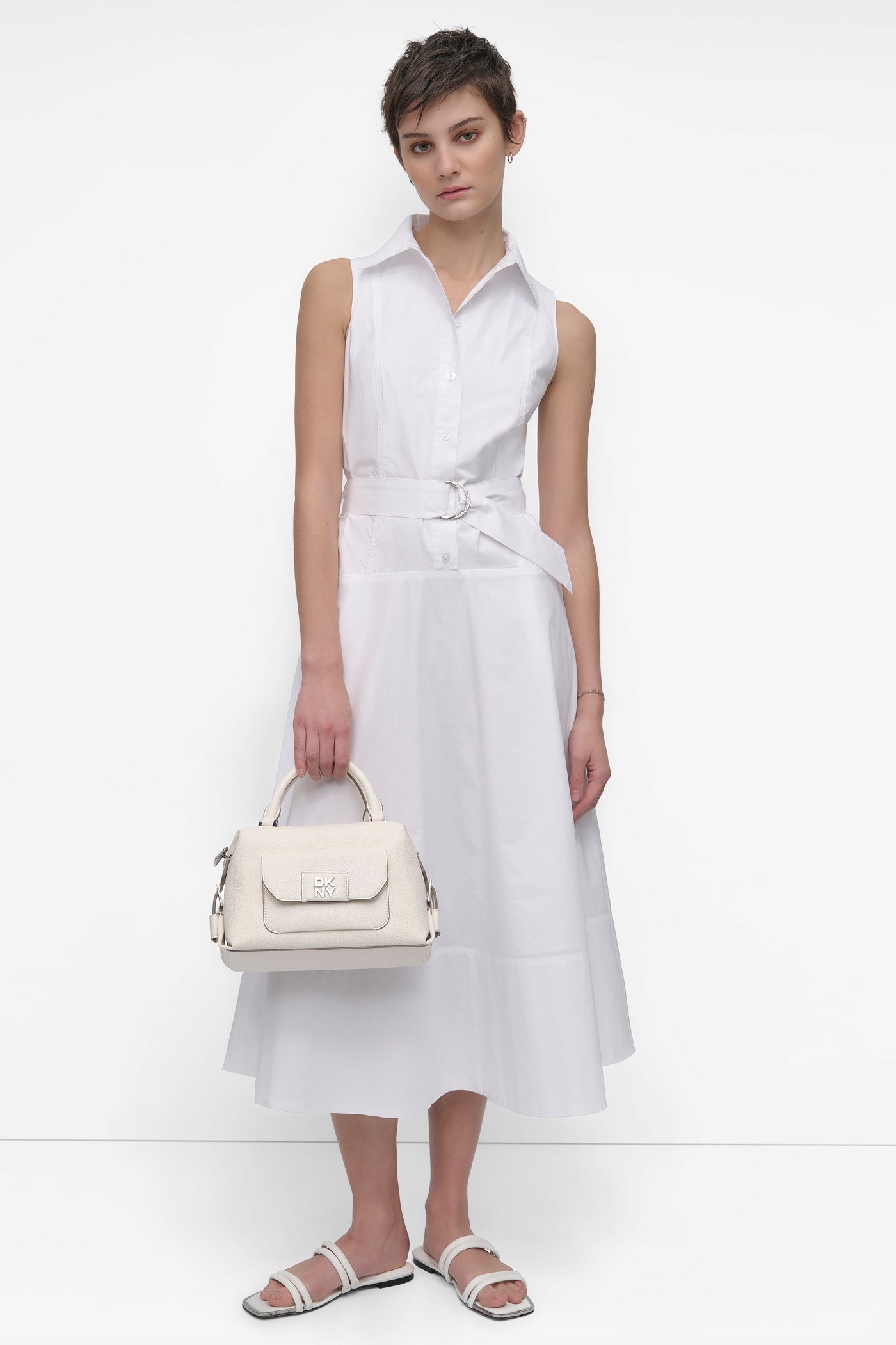 SLEEVELESS BUTTON FRONT POPLIN DRESS WITH SELF BELT VIEW 7 | Summer Essentials