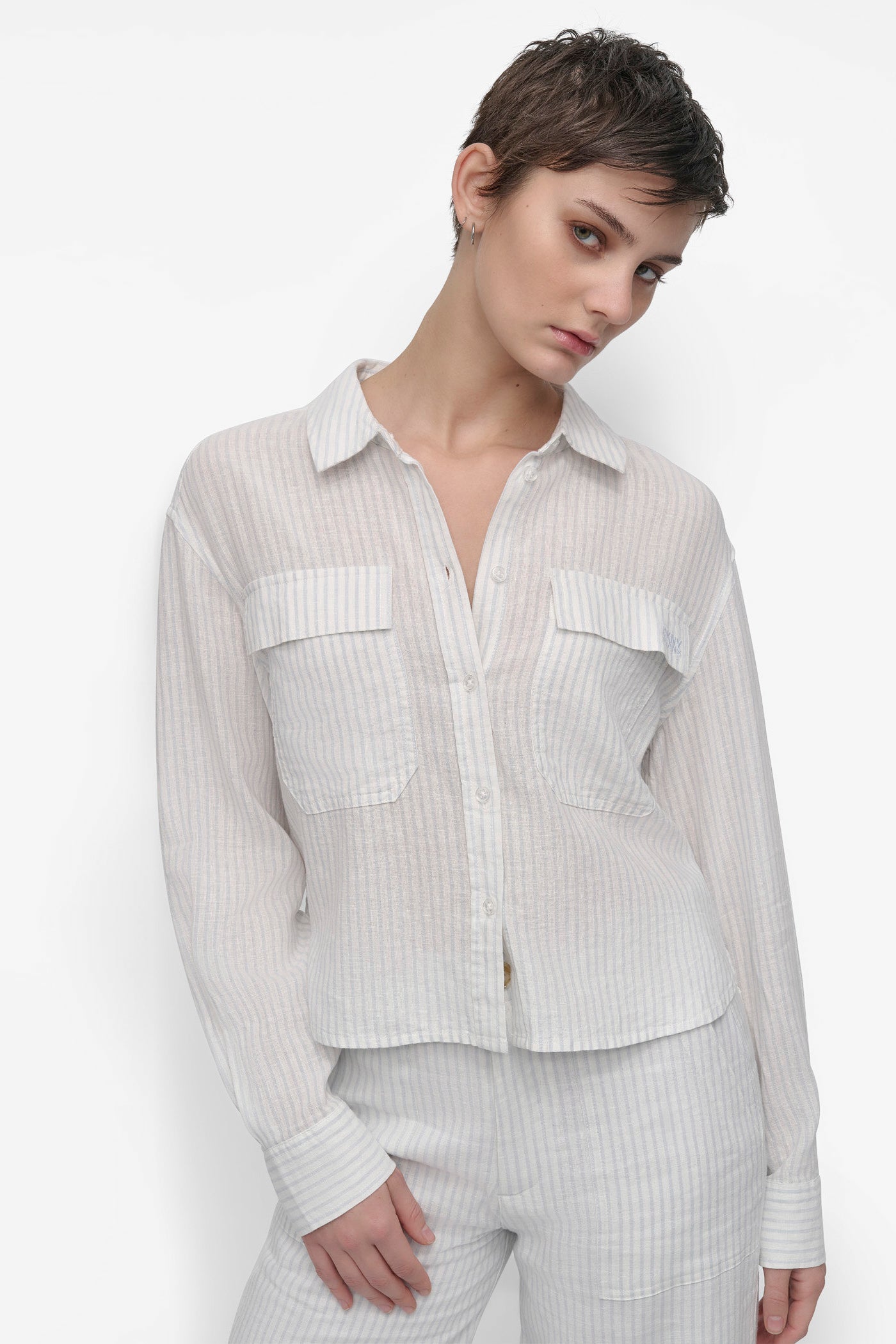 SMALL STRIPE POWDER BLUE IVORY STRIPED LONG SLEEVE CROPPED SHIRT, VIEW 1 | WOMEN'S SWEATERS & TOPS