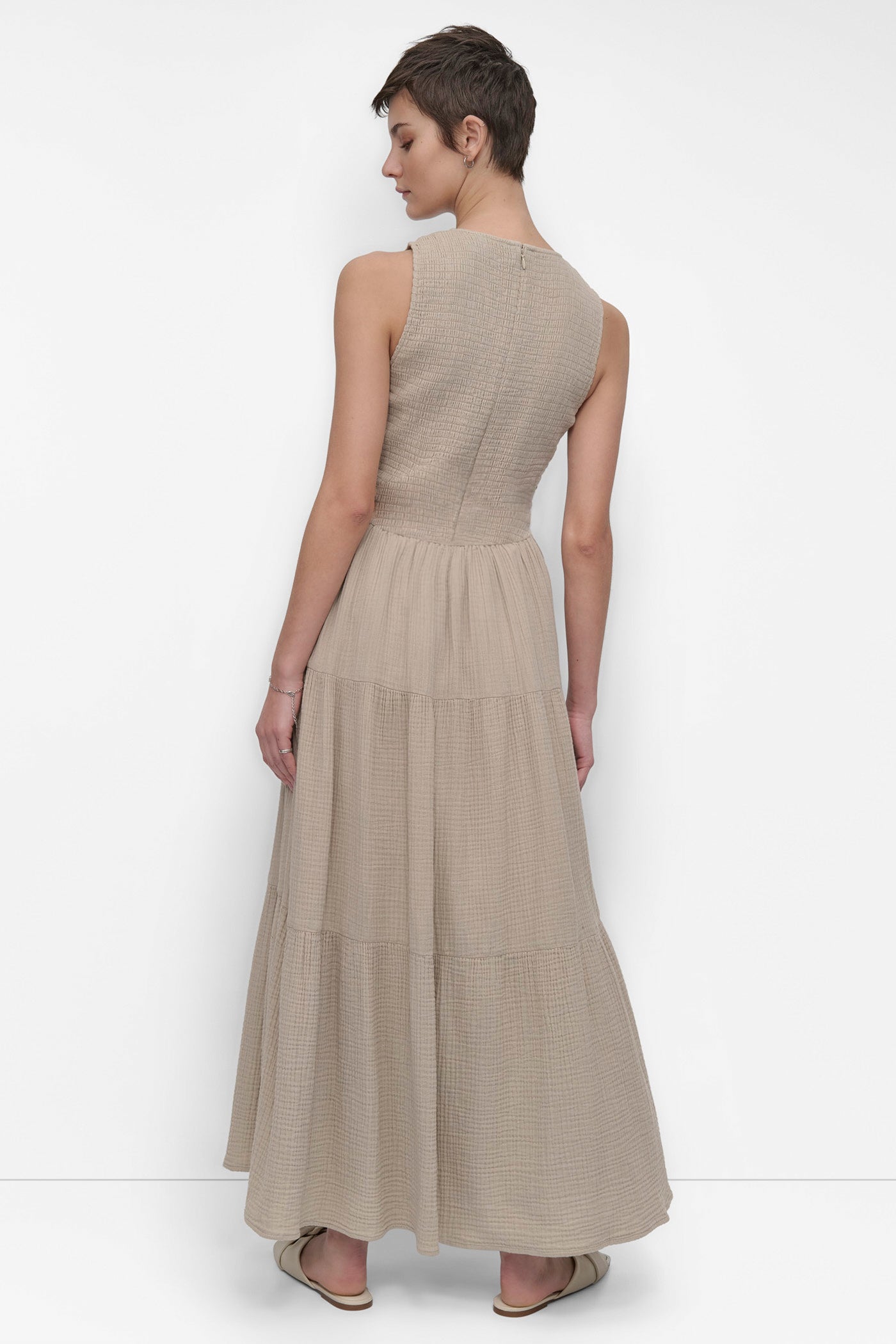 PEBBLE GAUZE TIERED SMOCKED DRESS, BACK VIEW | Summer Essentials