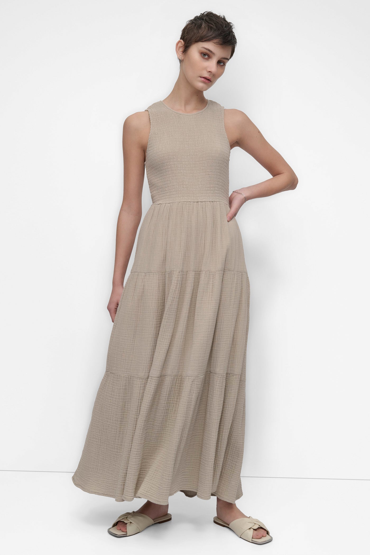 PEBBLE GAUZE TIERED SMOCKED DRESS, FRONT VIEW | Summer Essentials