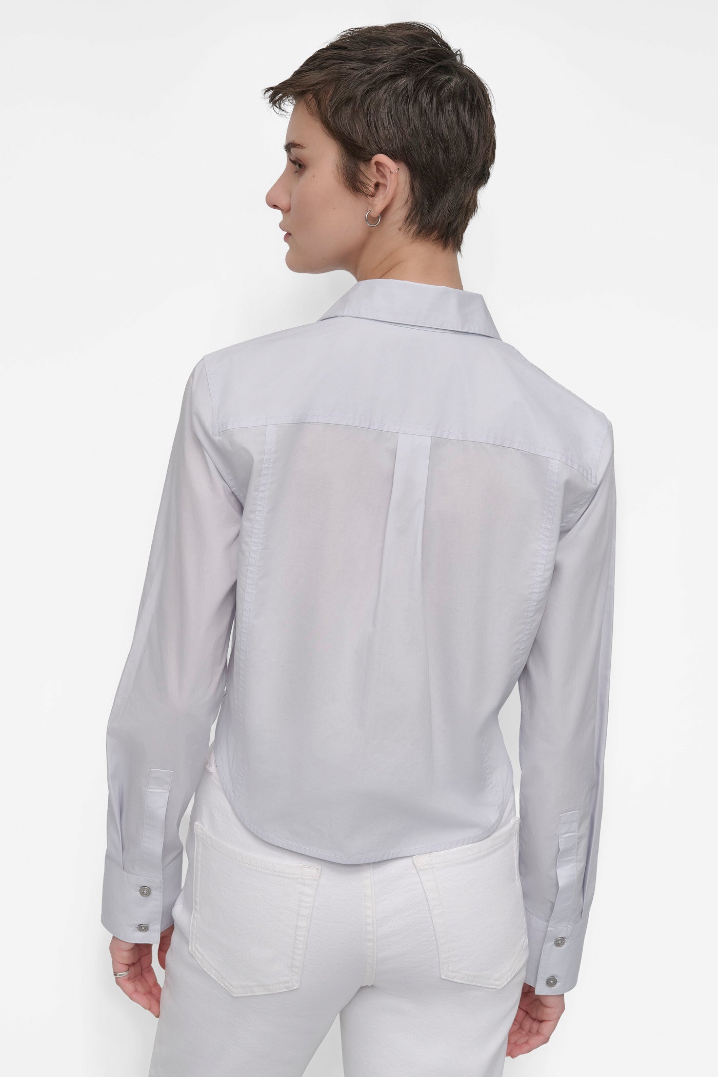 POWDER BLUE LONG SLEEVE POPLIN TOP WITH DOME STUDS, BACK VIEW | DKNY JEANS